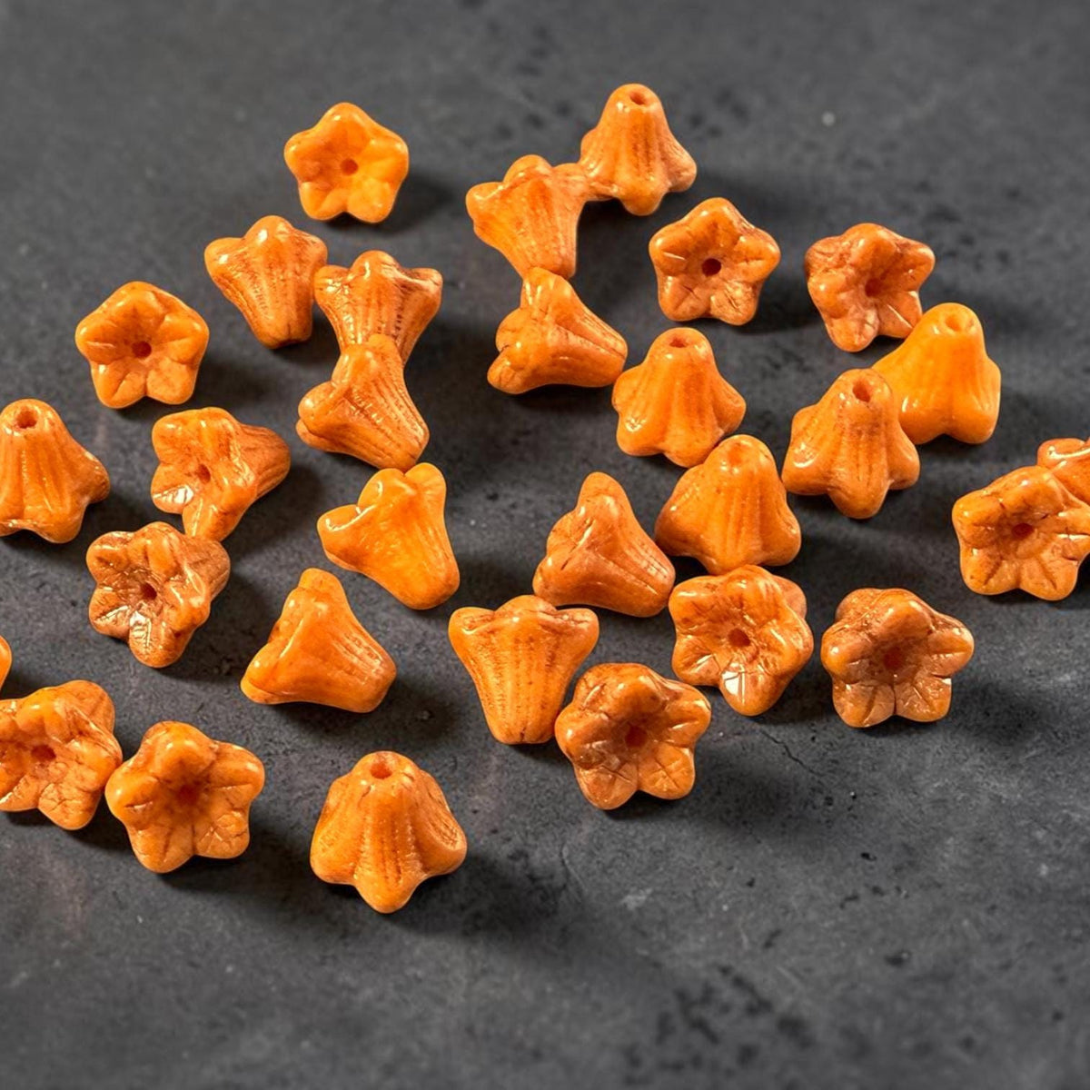 Czech Beads - 5x6mm Small Trumpet Bell Flower, Pumpkin Orange with Bronze Finish (FLO/N-1053) * 30 Beads