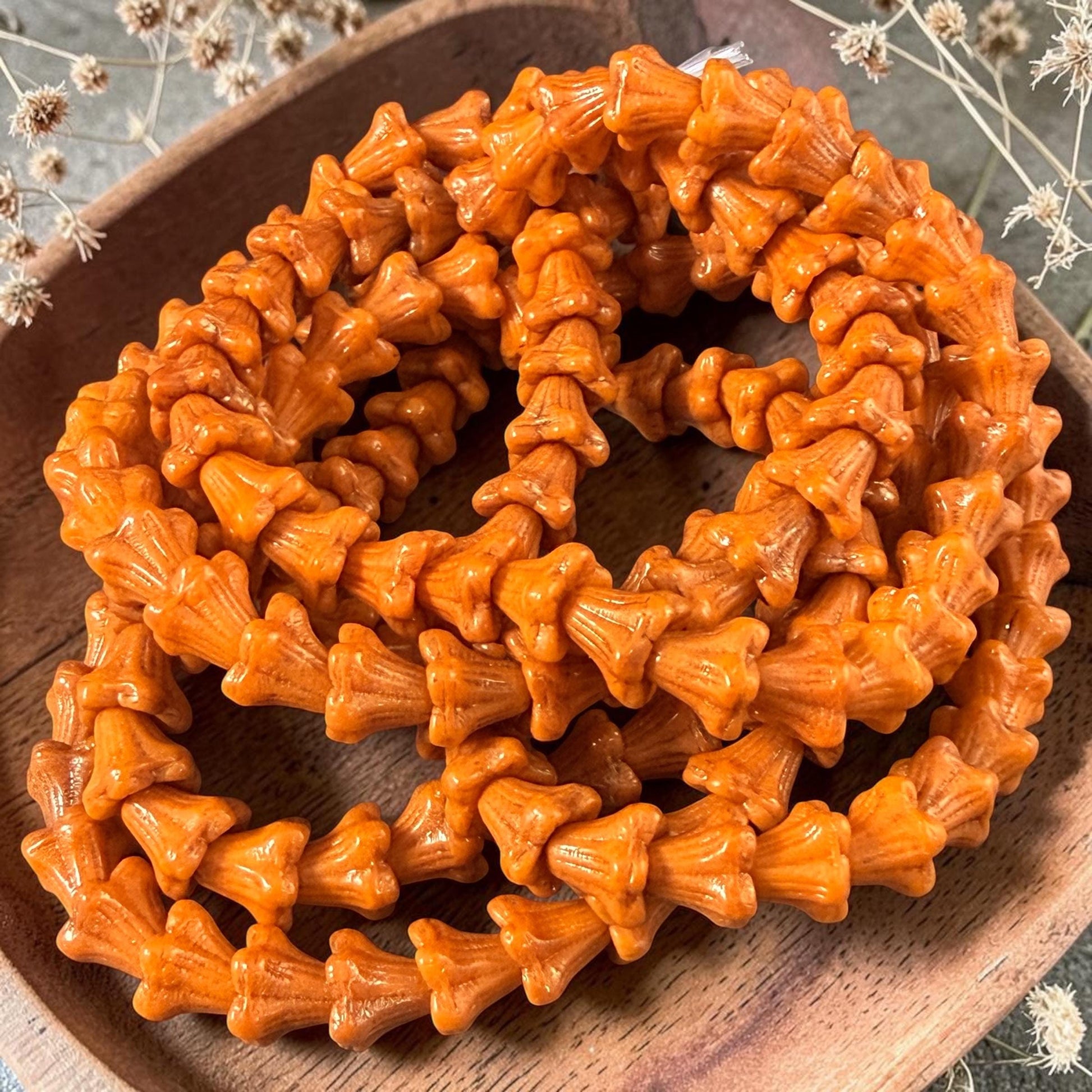 Czech Beads - 5x6mm Small Trumpet Bell Flower, Pumpkin Orange with Bronze Finish (FLO/N-1053) * 30 Beads