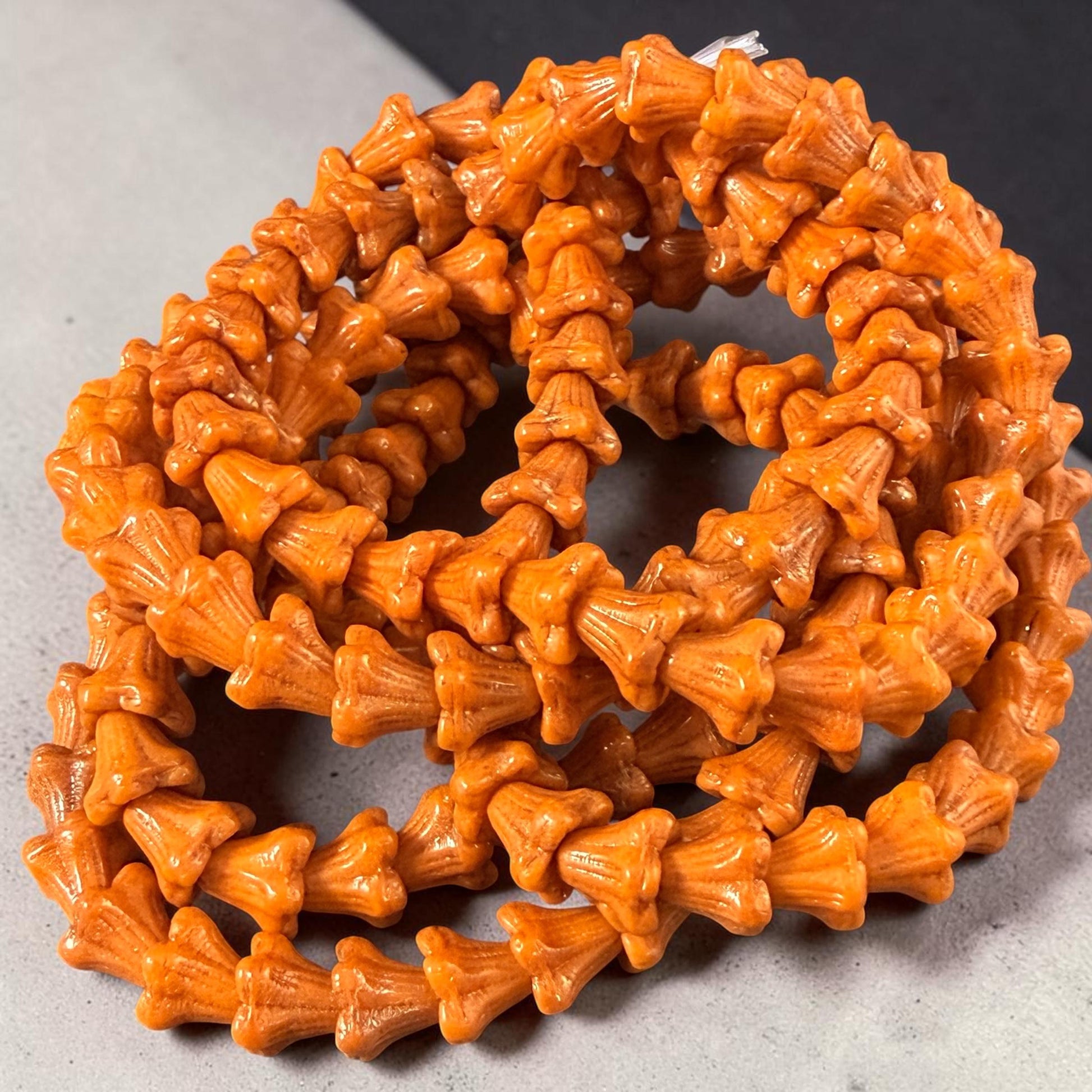 Czech Beads - 5x6mm Small Trumpet Bell Flower, Pumpkin Orange with Bronze Finish (FLO/N-1053) * 30 Beads