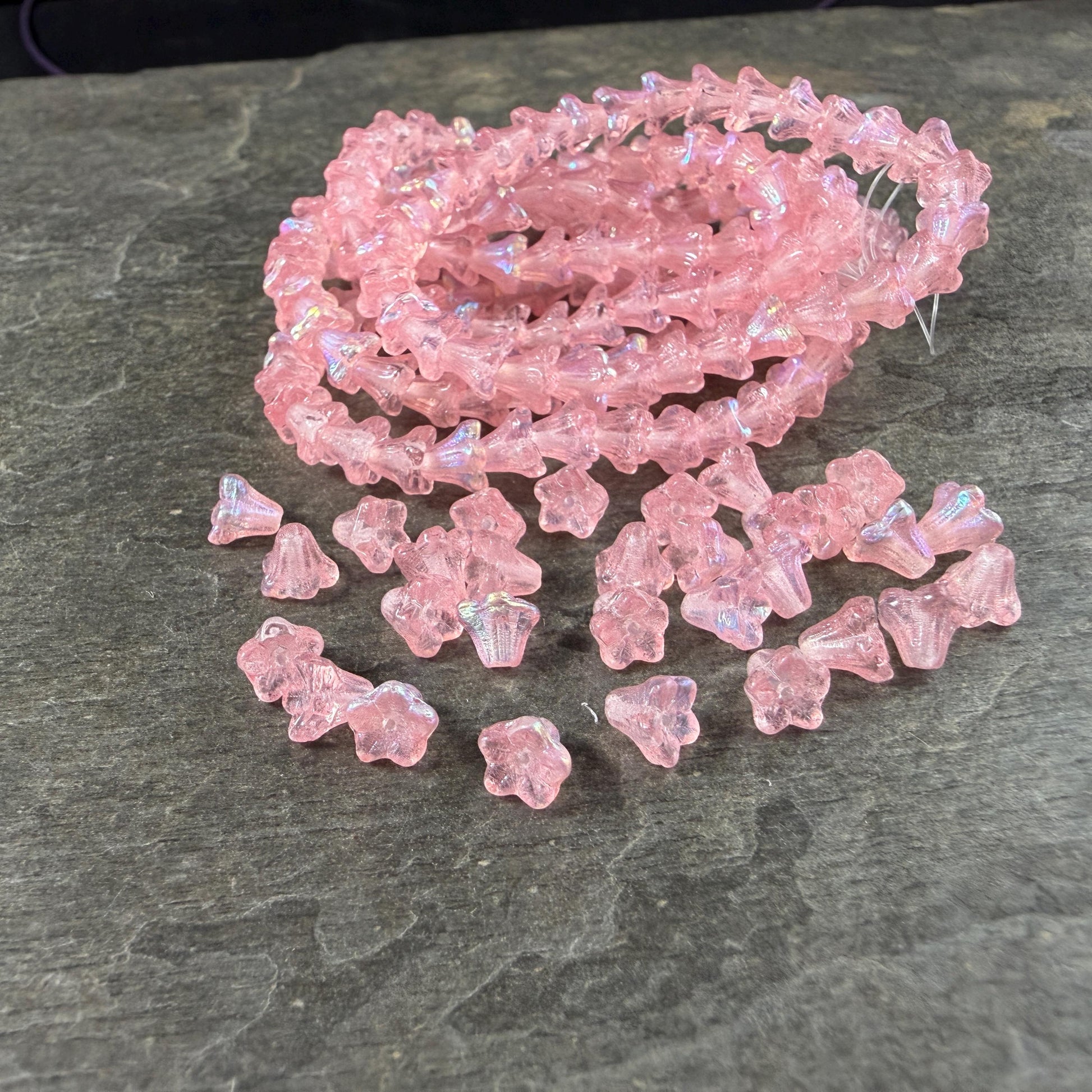 Czech Beads - 5x6mm Small Trumpet Bell Flower, Light Pink with AB Finish (FLO/N-2293) * 30 Beads