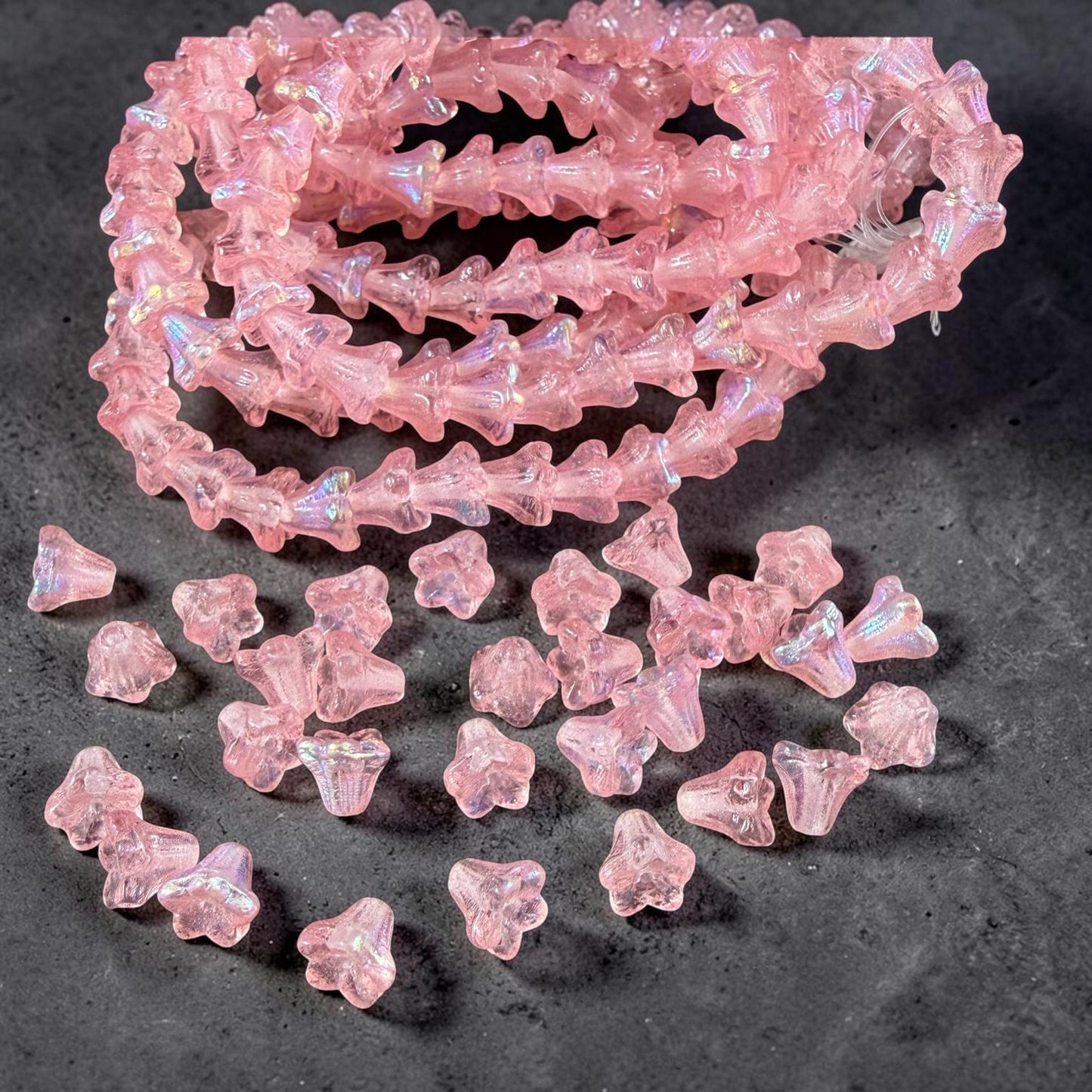 Czech Beads - 5x6mm Small Trumpet Bell Flower, Light Pink with AB Finish (FLO/N-2293) * 30 Beads