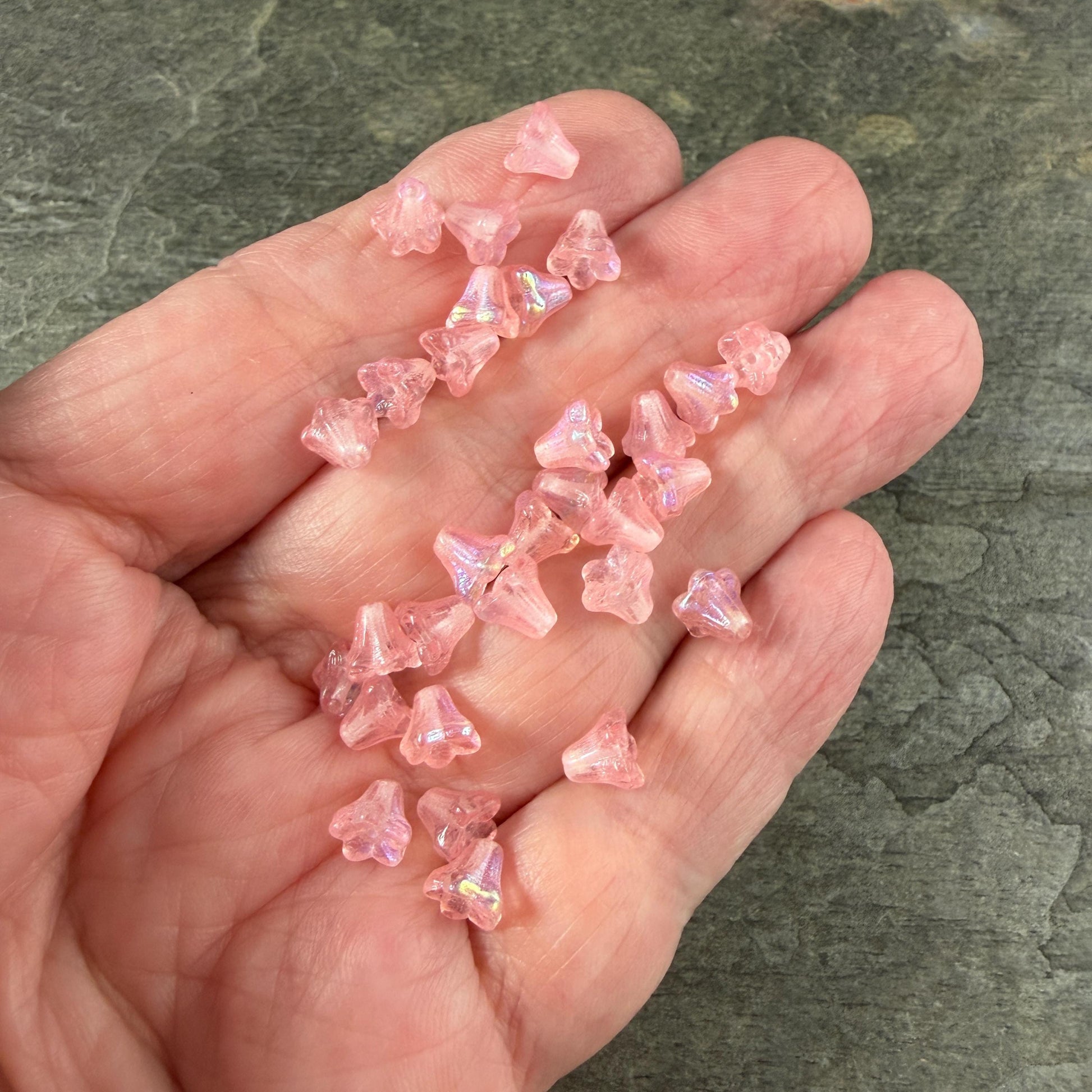 Czech Beads - 5x6mm Small Trumpet Bell Flower, Light Pink with AB Finish (FLO/N-2293) * 30 Beads