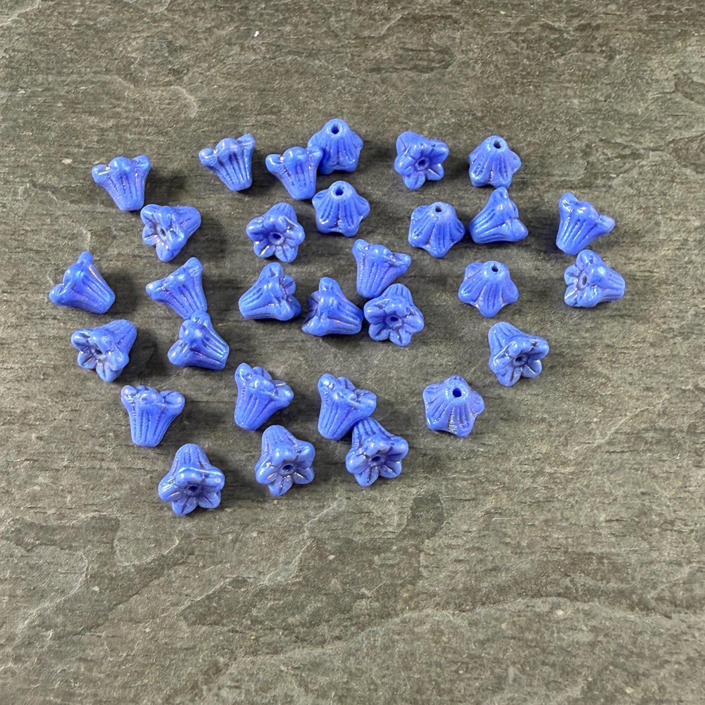 Czech Beads - 5x6mm Small Trumpet Bell Flower, Periwinkle Blue with AB (FLO/N-0499) * 30 Beads