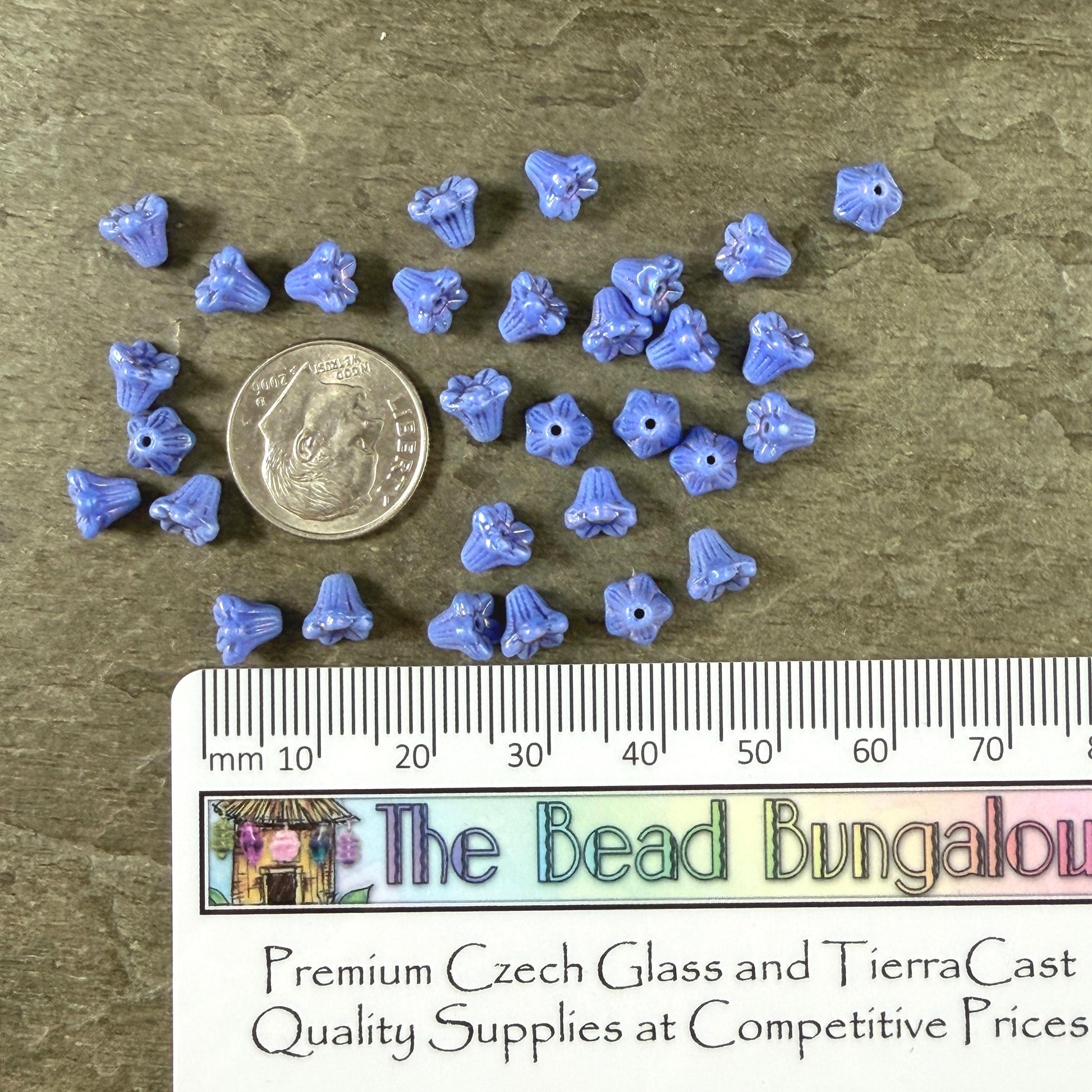 Czech Beads - 5x6mm Small Trumpet Bell Flower, Periwinkle Blue with AB (FLO/N-0499) * 30 Beads