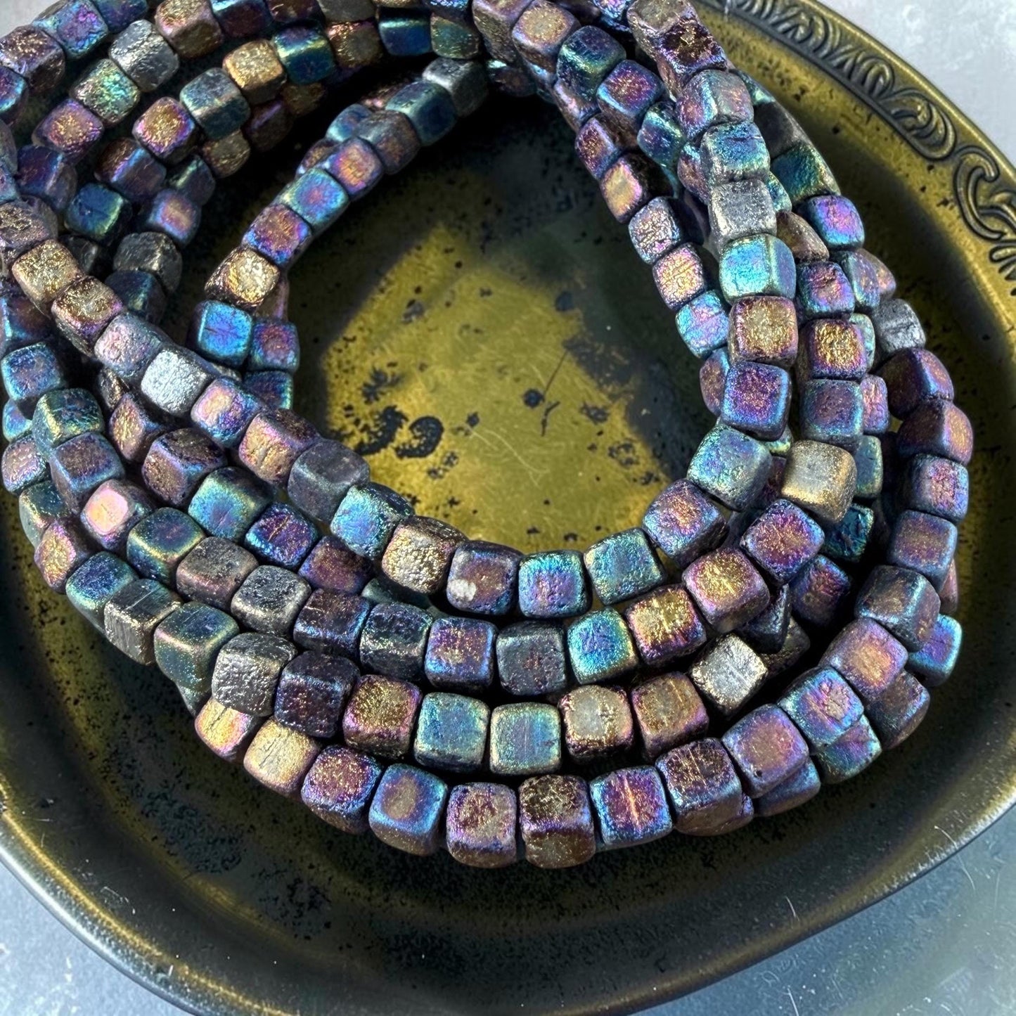 Czech Glass Beads - 4mm Cube Beads, Etched Iris Rainbow, Metallic (CUB/N-2290) * Qty. 40