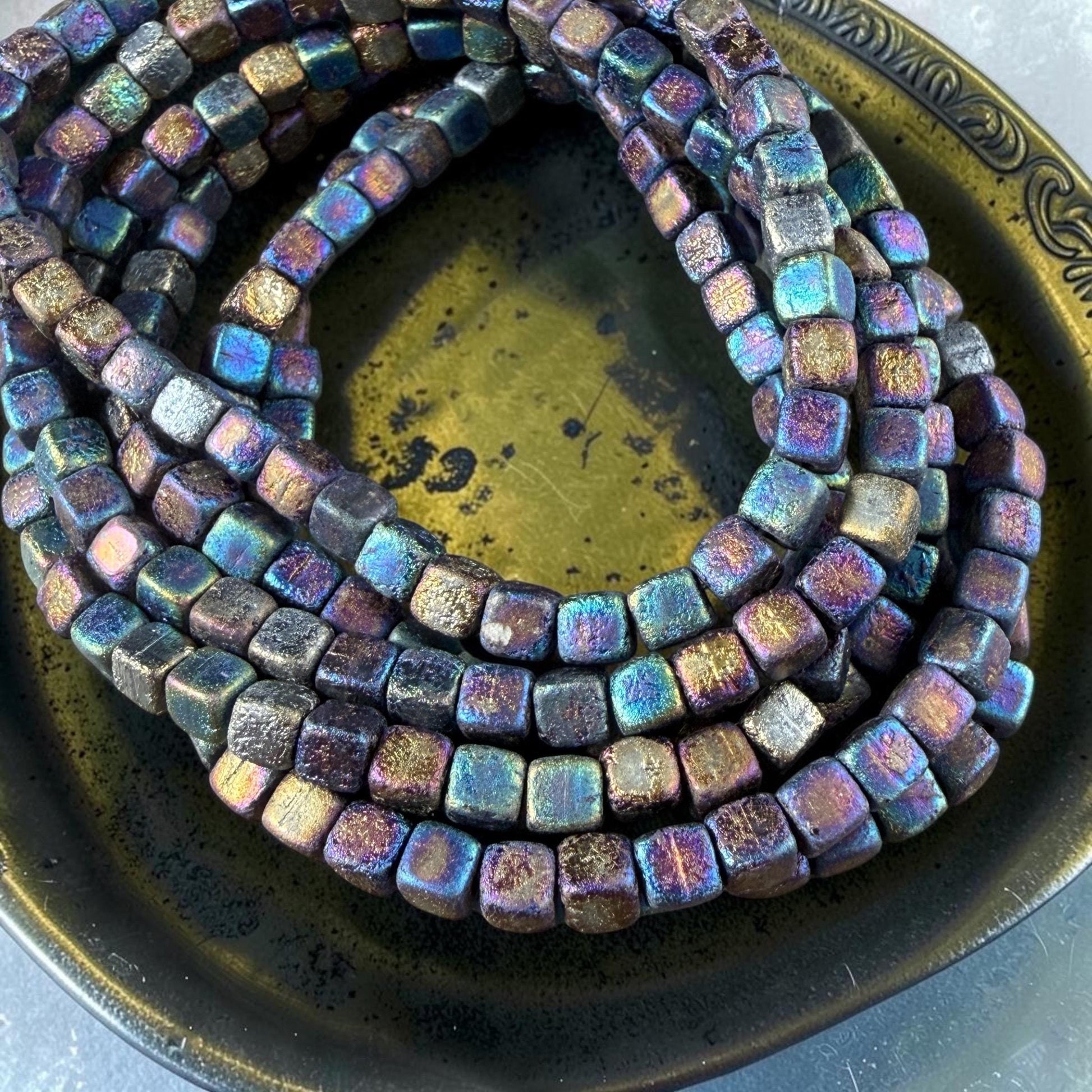 Czech Glass Beads - 4mm Cube Beads, Etched Iris Rainbow, Metallic (CUB/N-2290) * Qty. 40