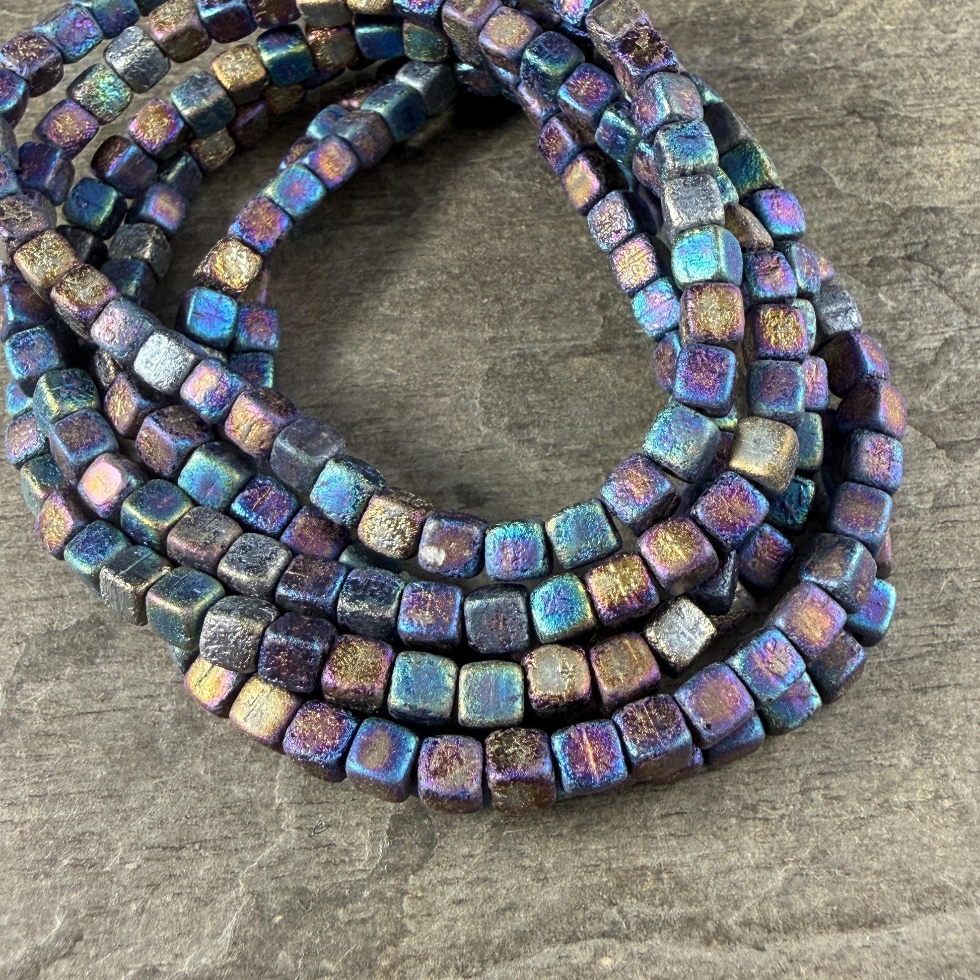 Czech Glass Beads - 4mm Cube Beads, Etched Iris Rainbow, Metallic (CUB/N-2290) * Qty. 40