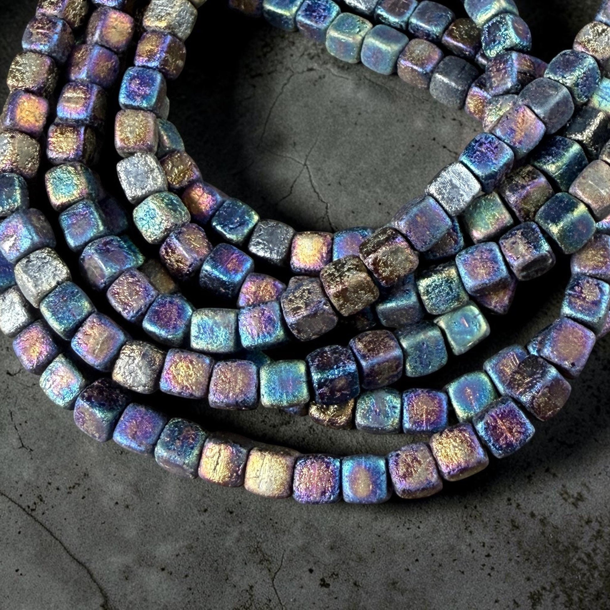 Czech Glass Beads - 4mm Cube Beads, Etched Iris Rainbow, Metallic (CUB/N-2290) * Qty. 40