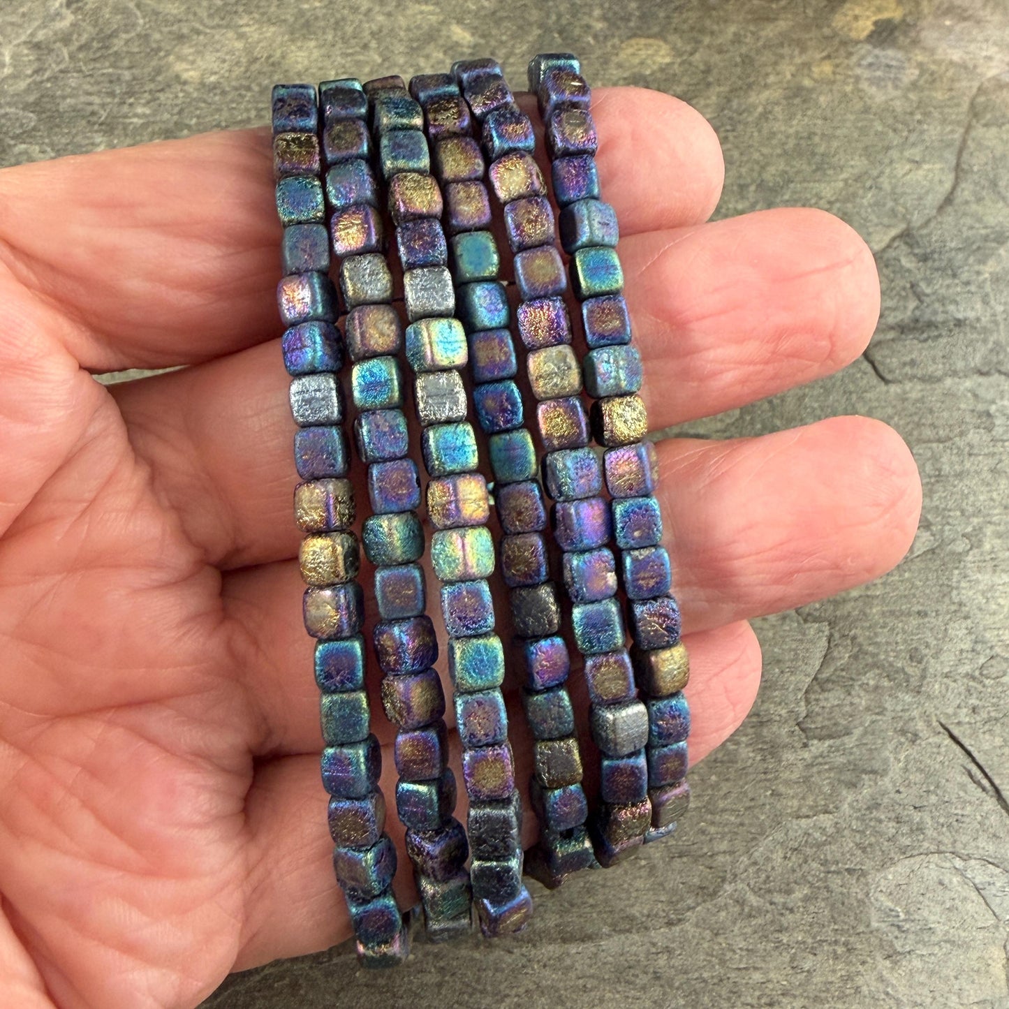 Czech Glass Beads - 4mm Cube Beads, Etched Iris Rainbow, Metallic (CUB/N-2290) * Qty. 40