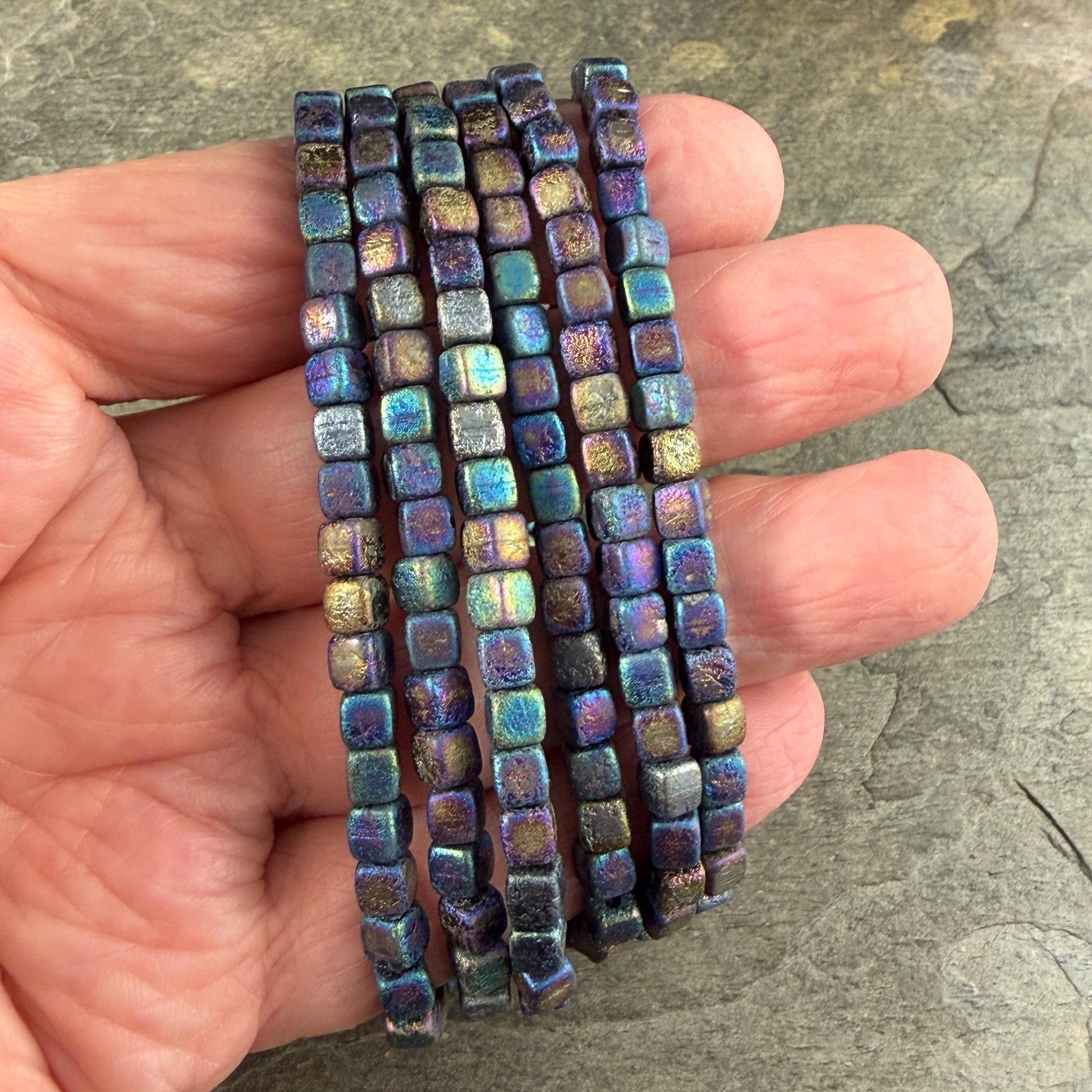 Czech Glass Beads - 4mm Cube Beads, Etched Iris Rainbow, Metallic (CUB/N-2290) * Qty. 40