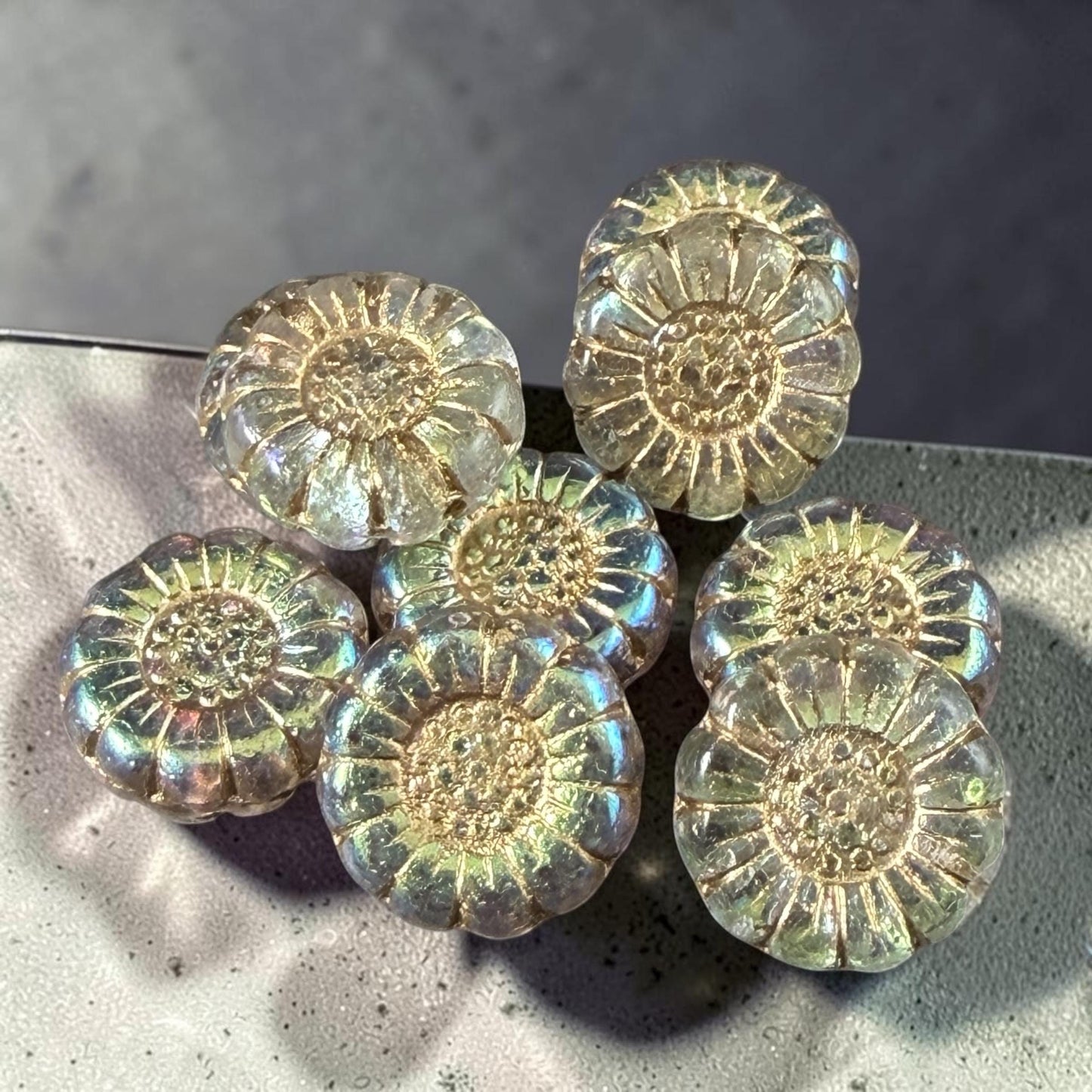Czech Glass Beads - 13mm Sunflower Bead, Clear with Gold and AB Finish (SFW/N-1325) * Qty. 10