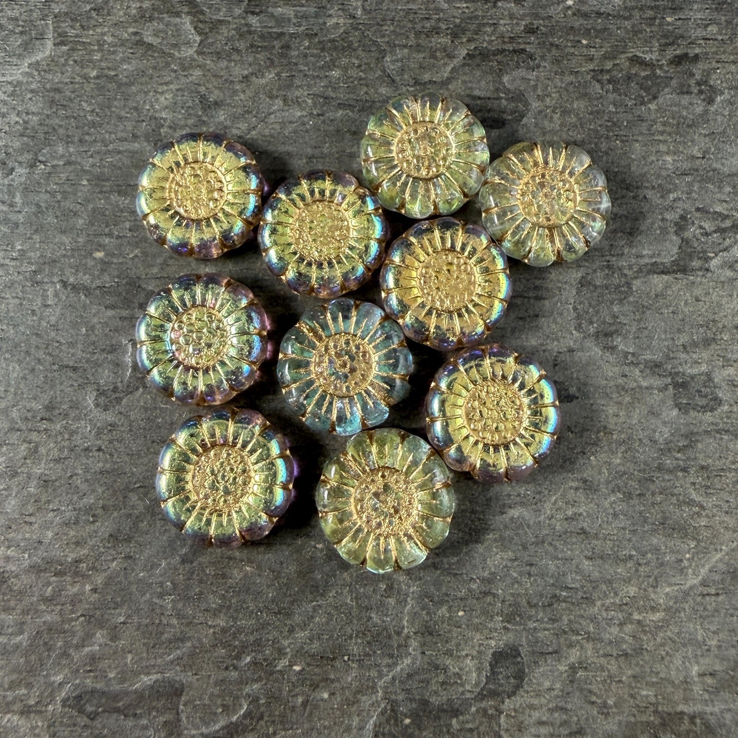 Czech Glass Beads - 13mm Sunflower Bead, Clear with Gold and AB Finish (SFW/N-1325) * Qty. 10