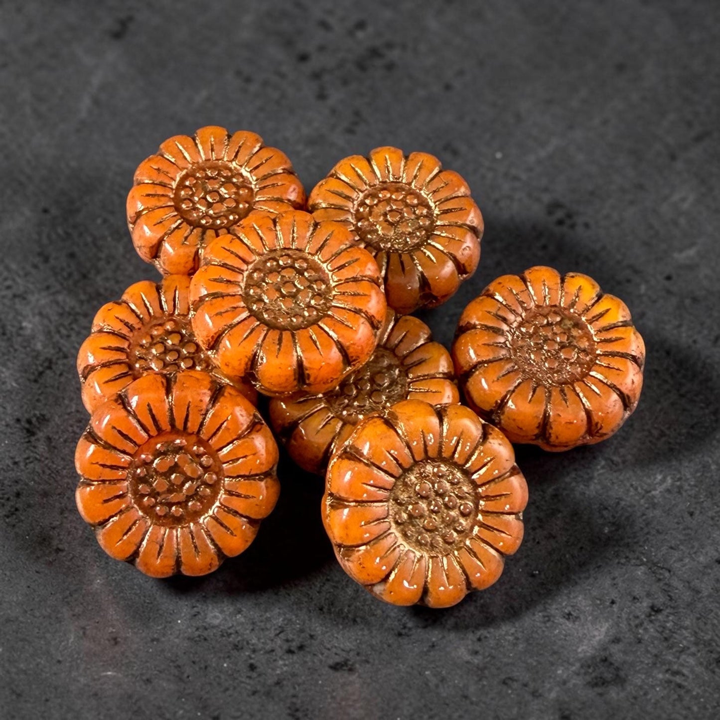 Czech Glass Beads - 13mm Sunflower Bead, Opaque Orange with Bronze Wash (SFW/N-1317) * Qty. 10