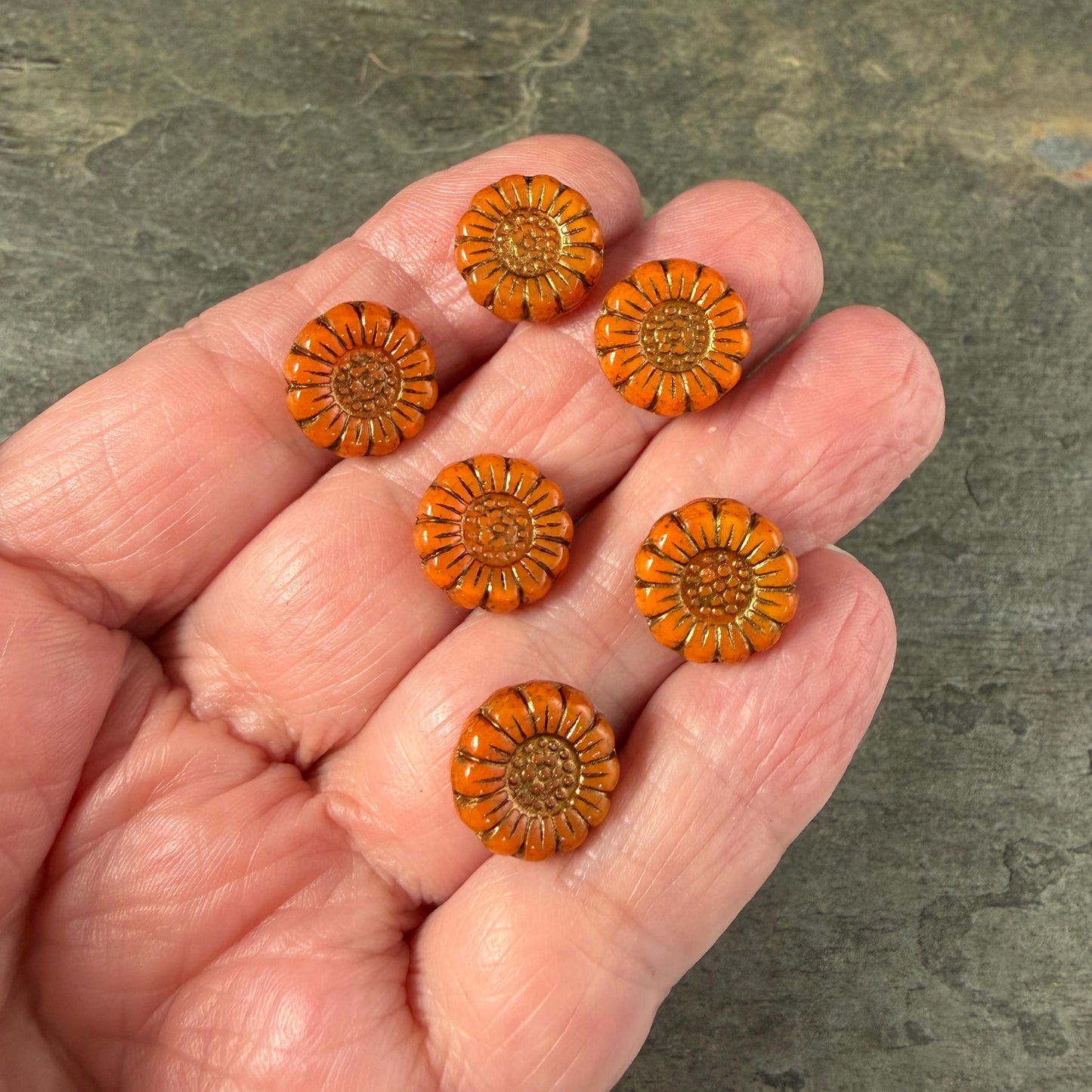 Czech Glass Beads - 13mm Sunflower Bead, Opaque Orange with Bronze Wash (SFW/N-1317) * Qty. 10