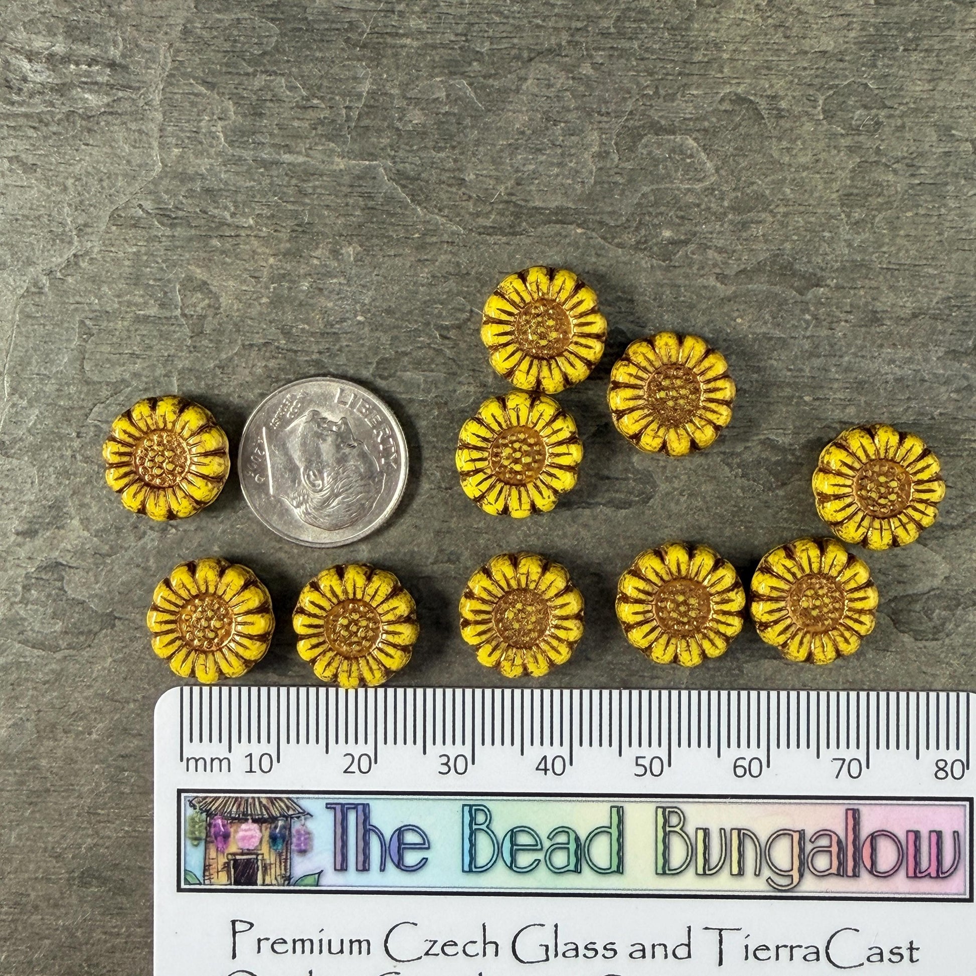Czech Glass Beads - 13mm Sunflower Bead, Dandelion Yellow with Bronze Wash (SFW/N-2217) * Qty. 10