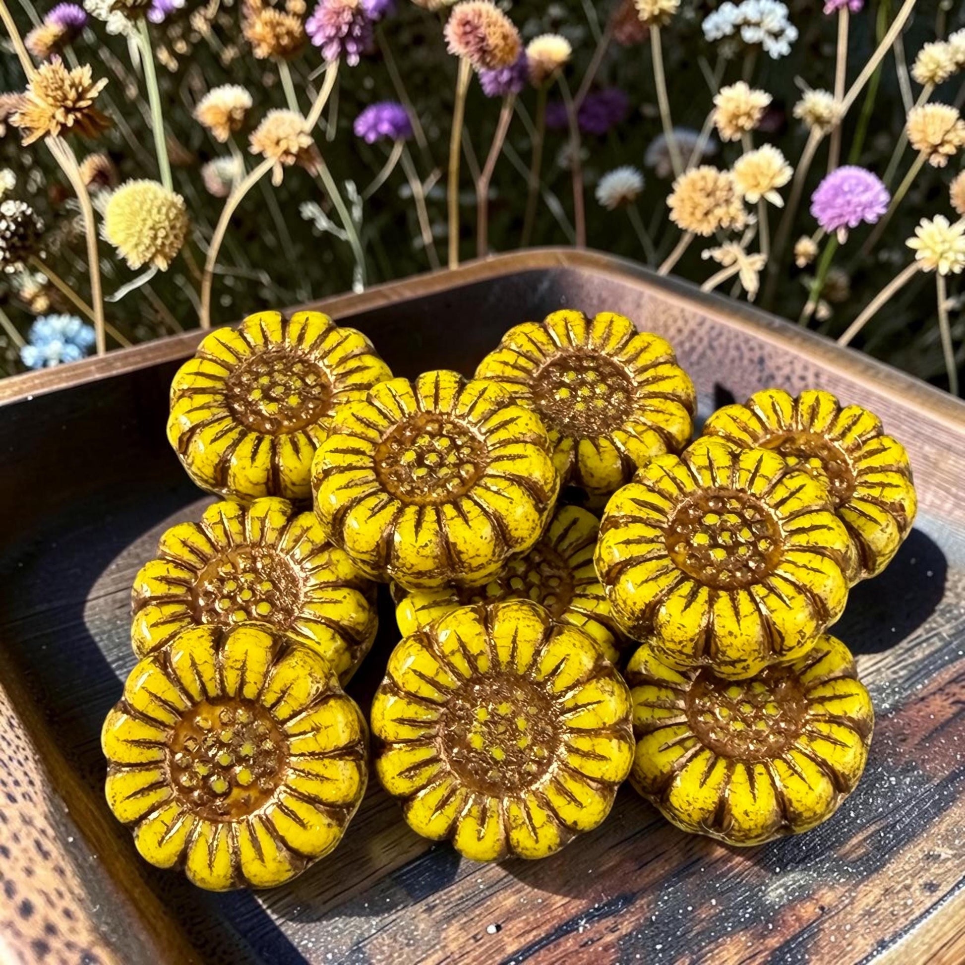 Czech Glass Beads - 13mm Sunflower Bead, Dandelion Yellow with Bronze Wash (SFW/N-2217) * Qty. 10