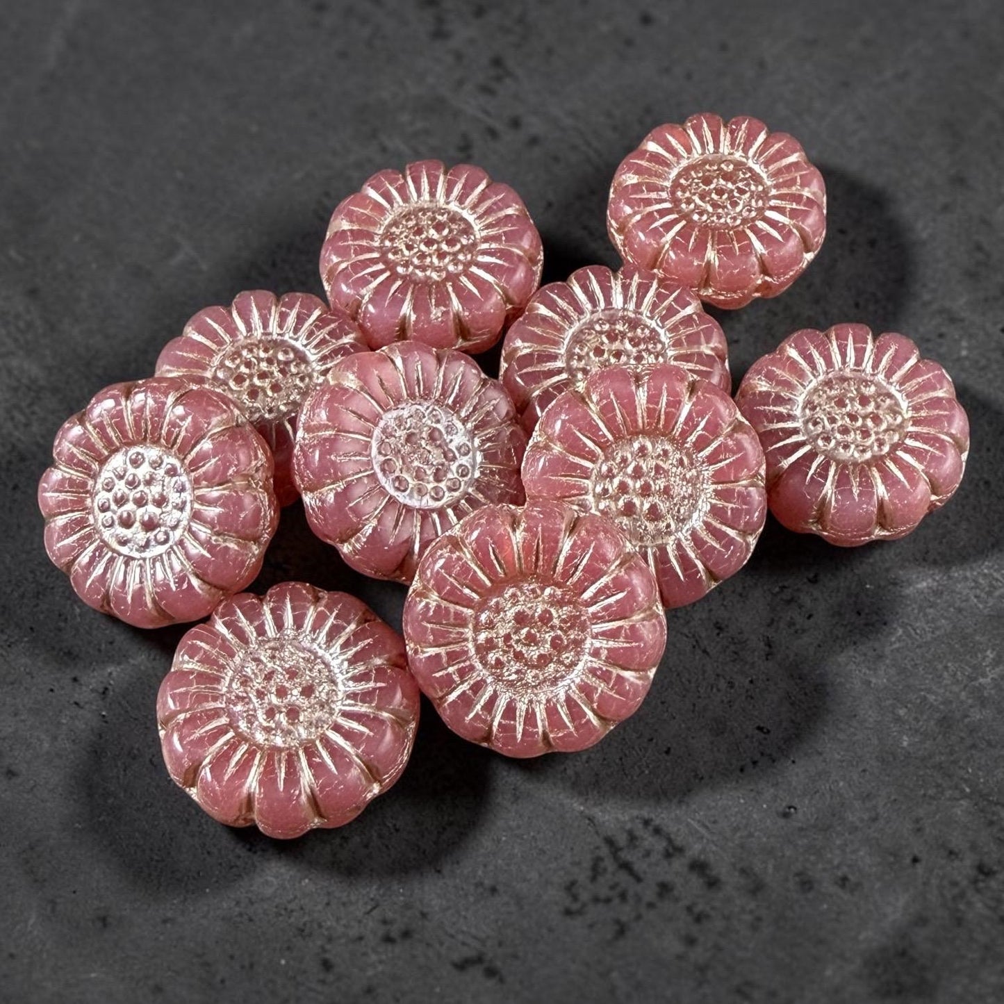 Czech Glass Beads - 13mm Sunflower Bead, Dusty Pink with Platinum Wash (SFW/N-0715) * Qty. 10