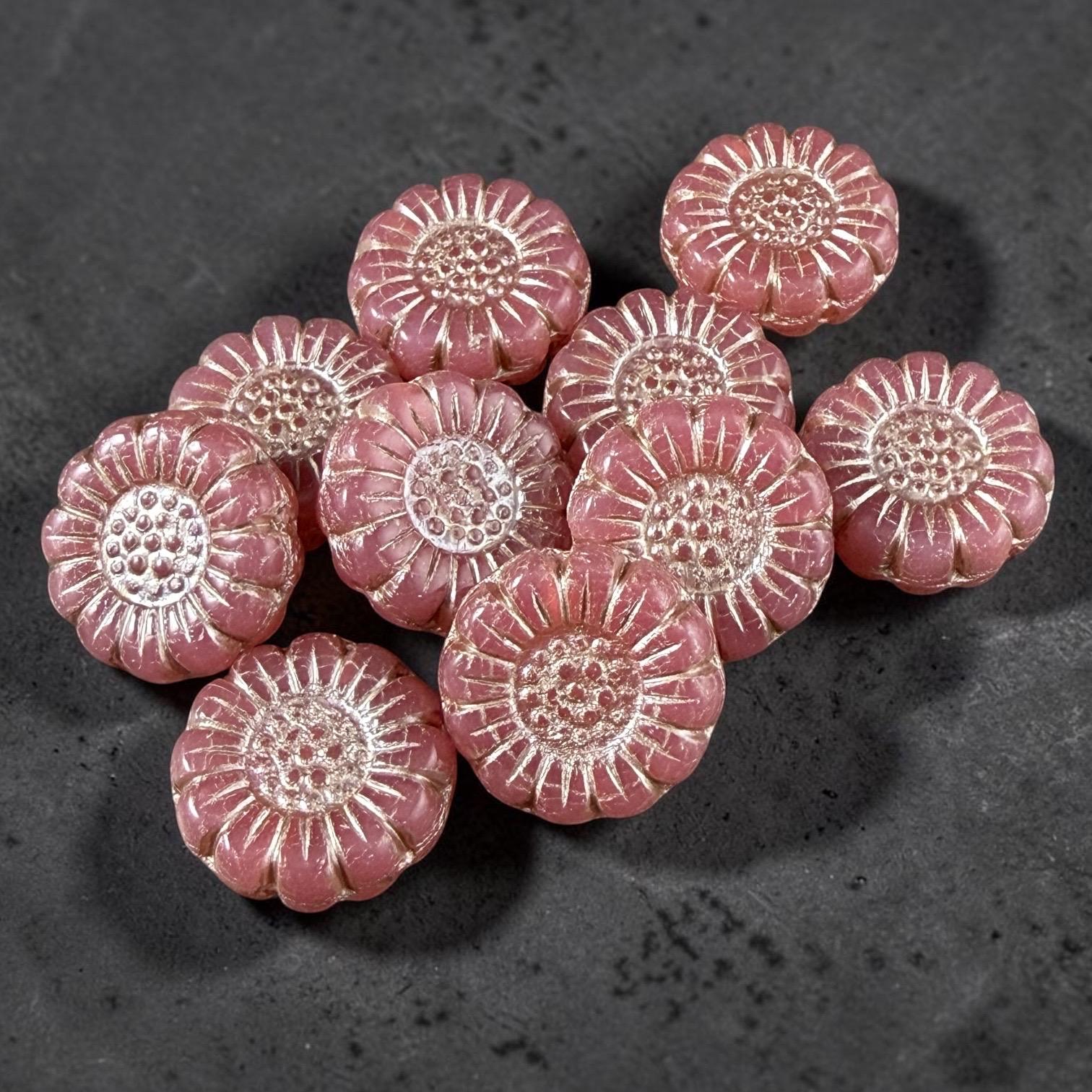 Czech Glass Beads - 13mm Sunflower Bead, Dusty Pink with Platinum Wash (SFW/N-0715) * Qty. 10