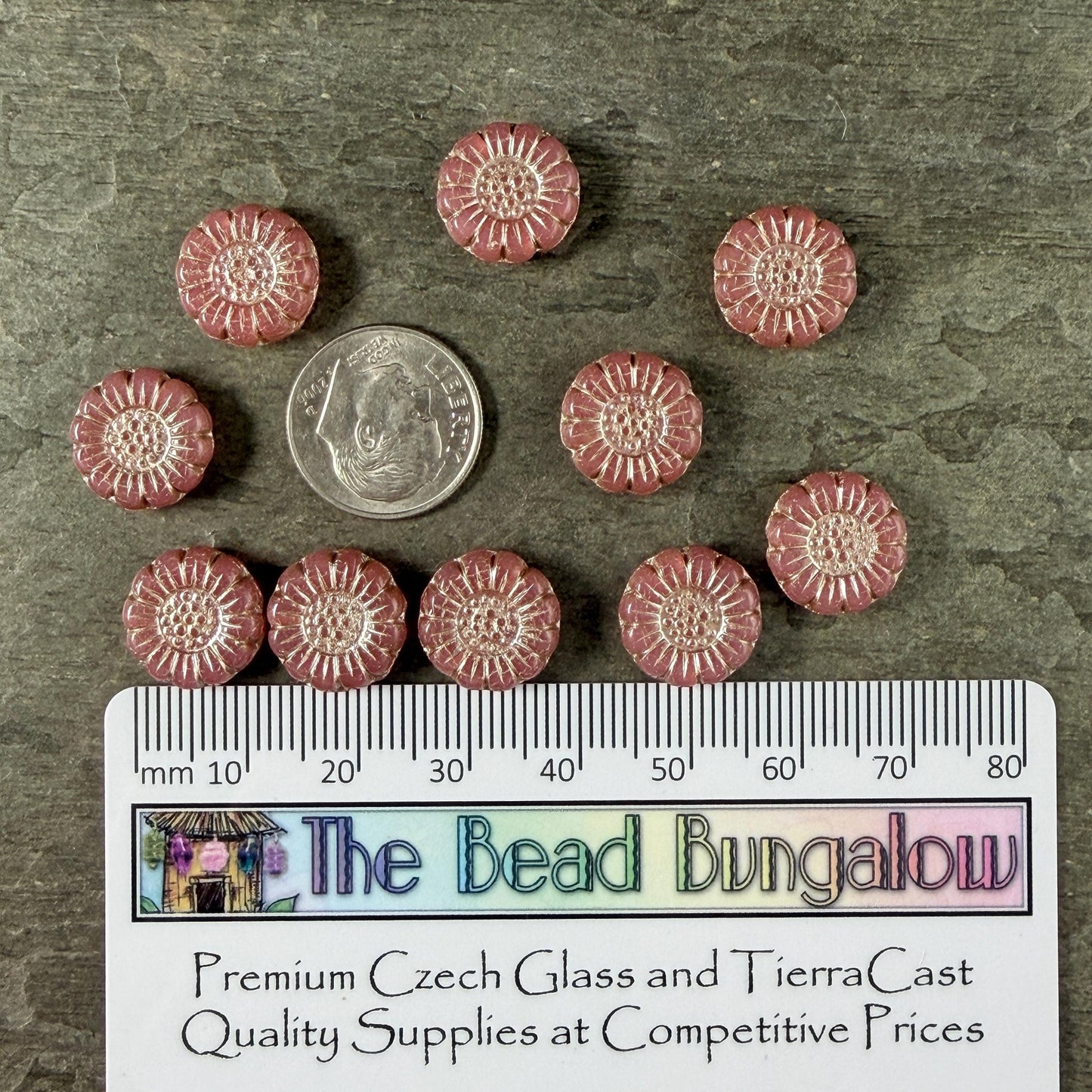 Czech Glass Beads - 13mm Sunflower Bead, Dusty Pink with Platinum Wash (SFW/N-0715) * Qty. 10