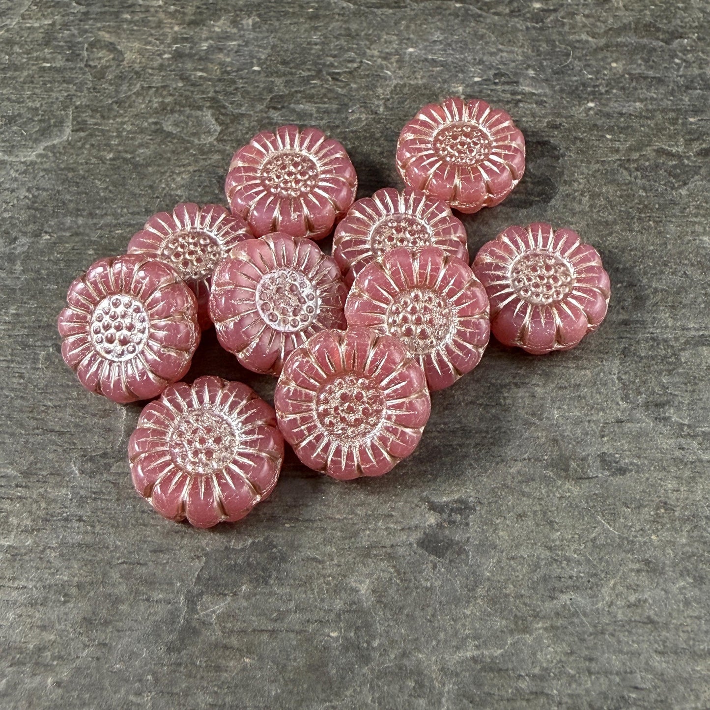 Czech Glass Beads - 13mm Sunflower Bead, Dusty Pink with Platinum Wash (SFW/N-0715) * Qty. 10