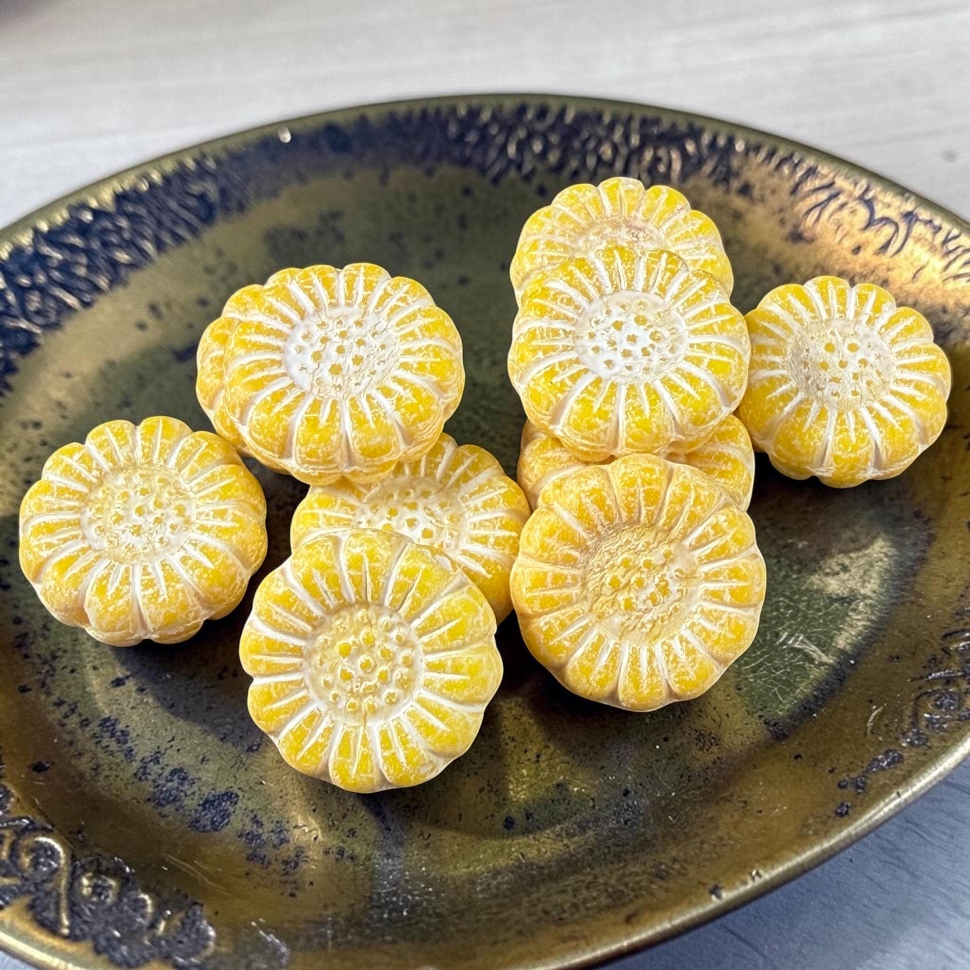 Czech Glass Beads - 13mm Sunflower Bead, Soft Opaque Yellow with White Wash (SFW/N-2231) * Qty. 10