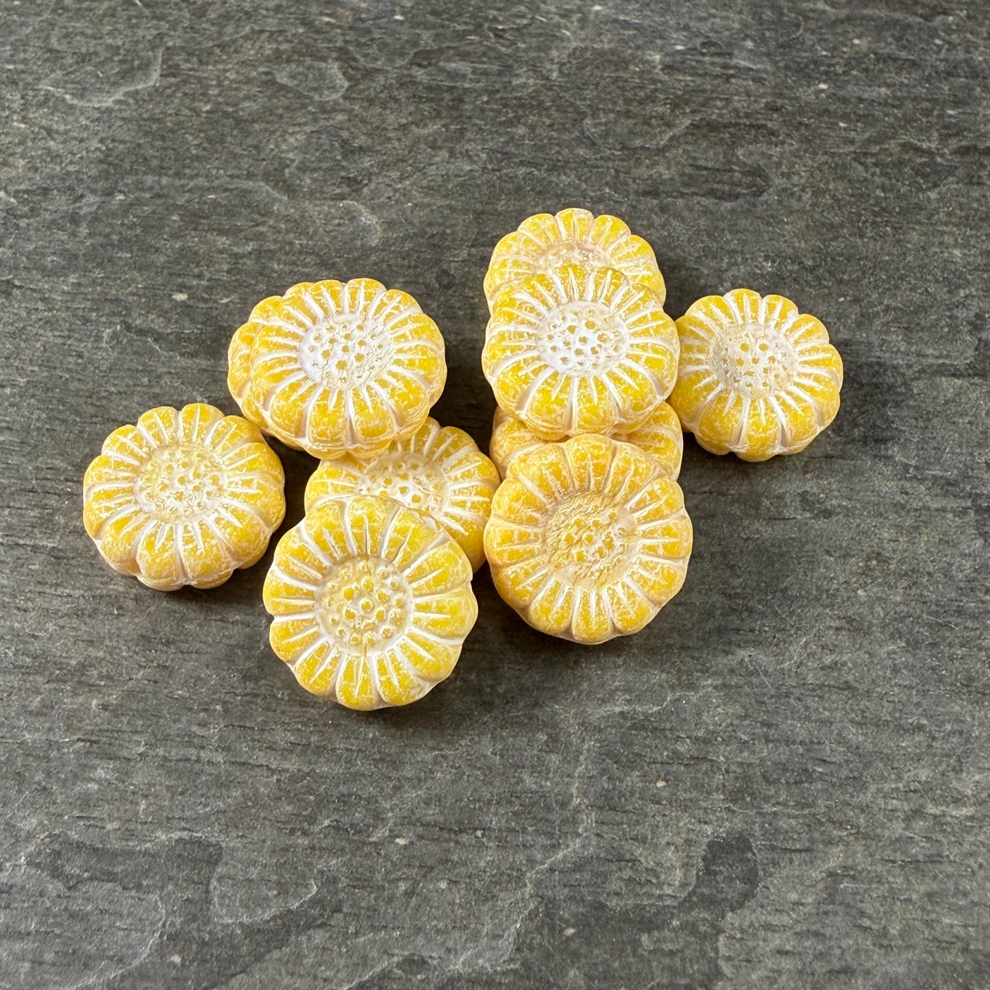 Czech Glass Beads - 13mm Sunflower Bead, Soft Opaque Yellow with White Wash (SFW/N-2231) * Qty. 10