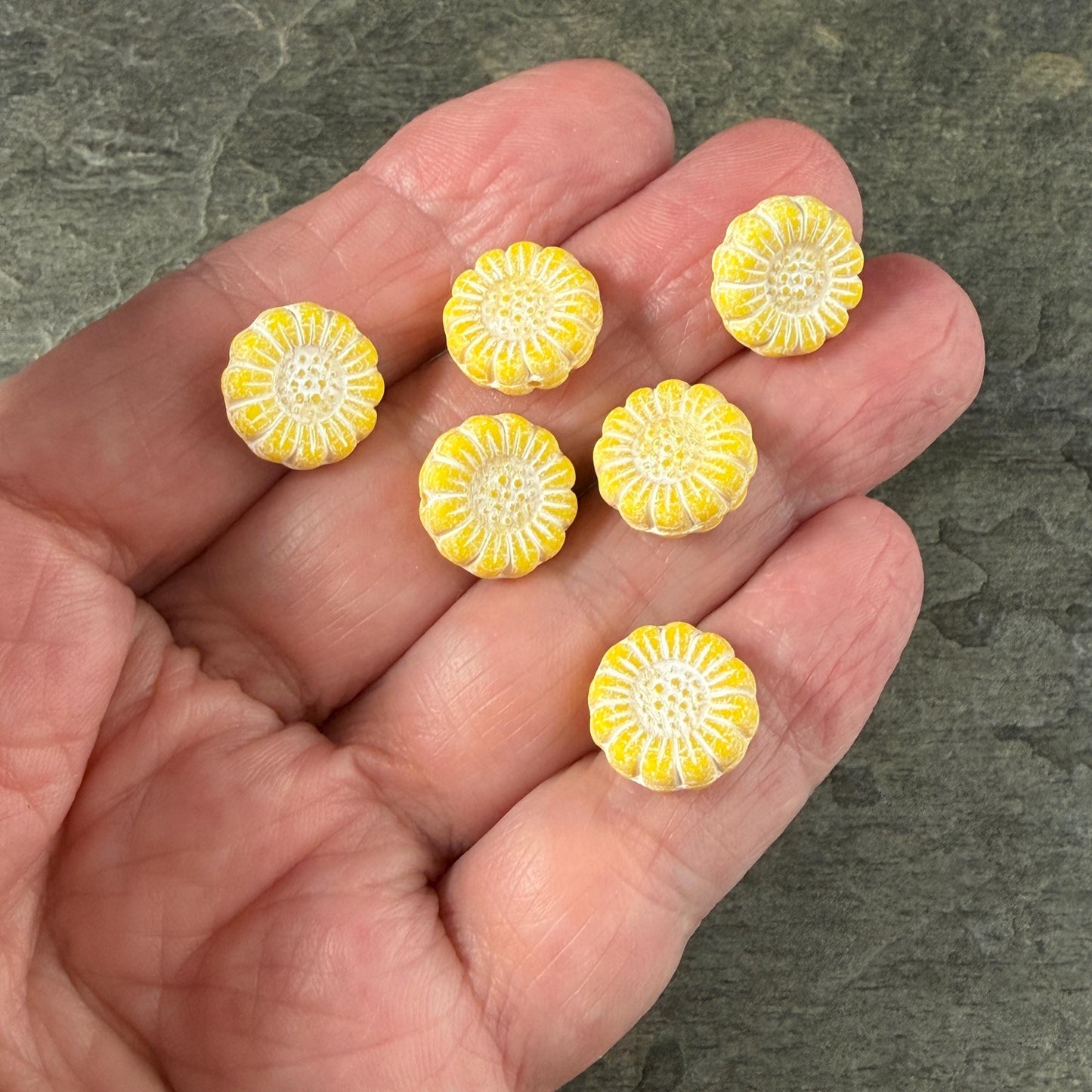 Czech Glass Beads - 13mm Sunflower Bead, Soft Opaque Yellow with White Wash (SFW/N-2231) * Qty. 10