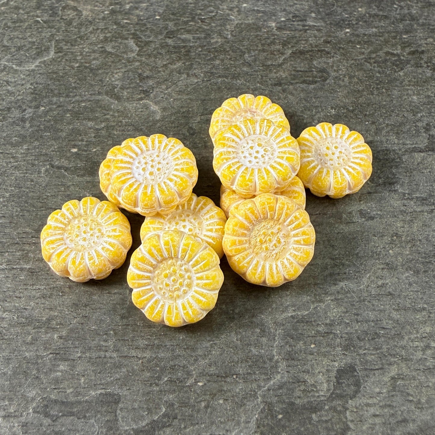 Czech Glass Beads - 13mm Sunflower Bead, Soft Opaque Yellow with White Wash (SFW/N-2231) * Qty. 10