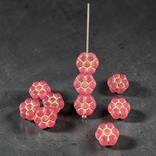 Czech Glass Beads - 8.5mm Watermelon Red Flower with Gold Wash (PTB1) * Qty. 16