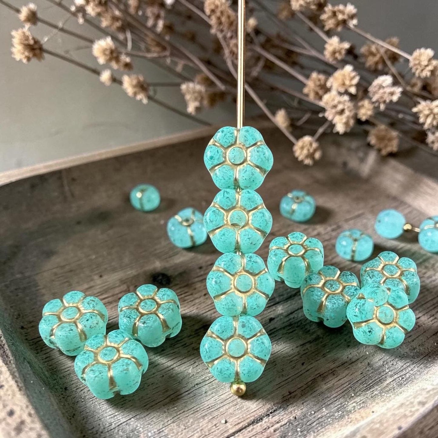 Czech Glass Beads - 8.5mm Aqua Green Flower with Gold Wash (PTB3) * Qty. 16