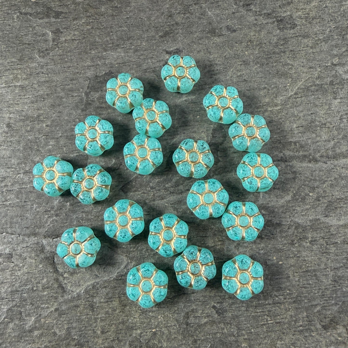 Czech Glass Beads - 8.5mm Aqua Green Flower with Gold Wash (PTB3) * Qty. 16