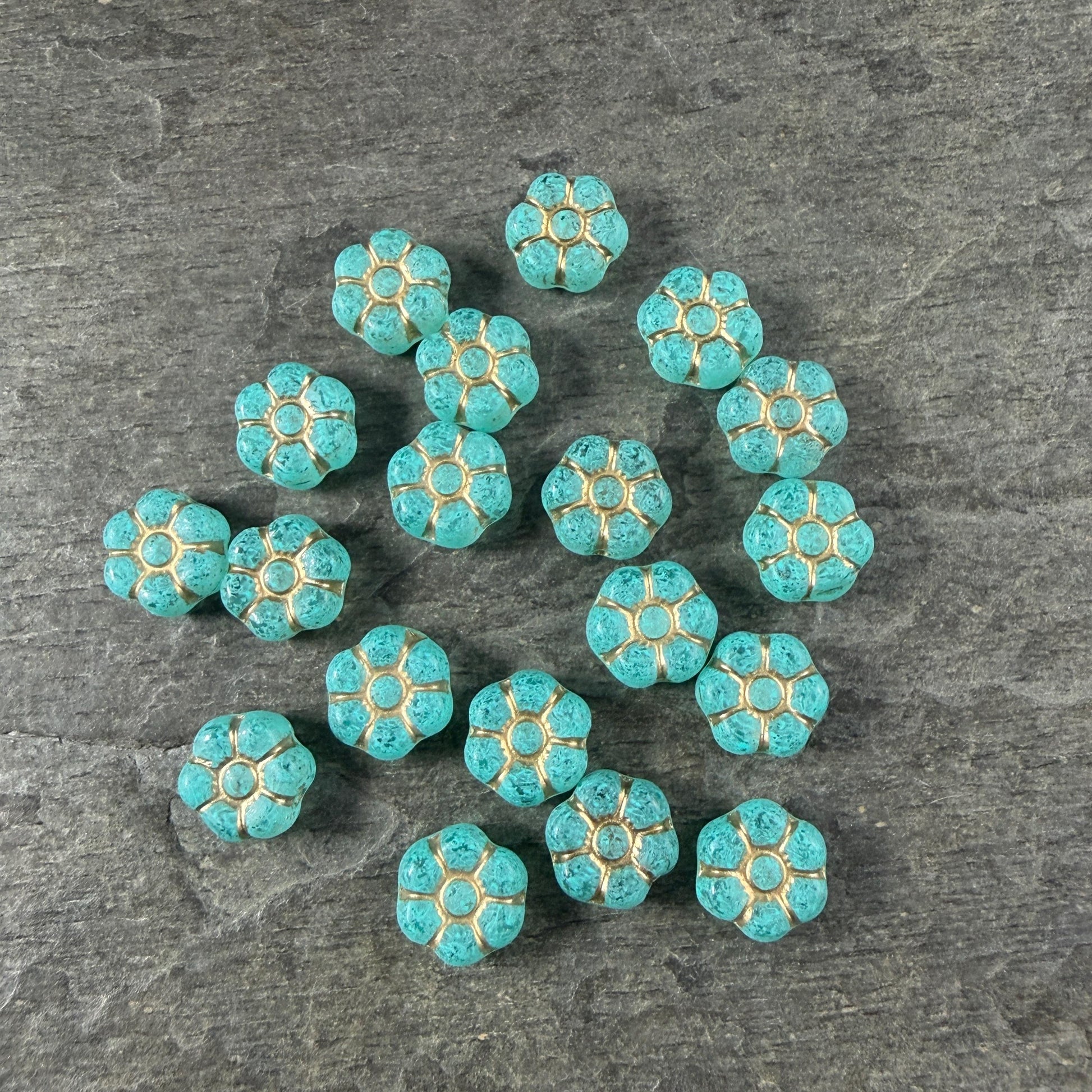 Czech Glass Beads - 8.5mm Aqua Green Flower with Gold Wash (PTB3) * Qty. 16