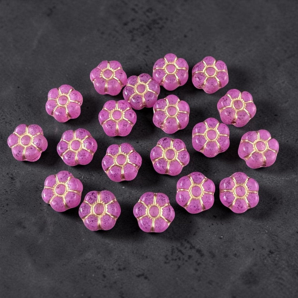 Czech Glass Beads - 8.5mm Bright Pink Flower with Gold Wash (PTB2) * Qty. 16