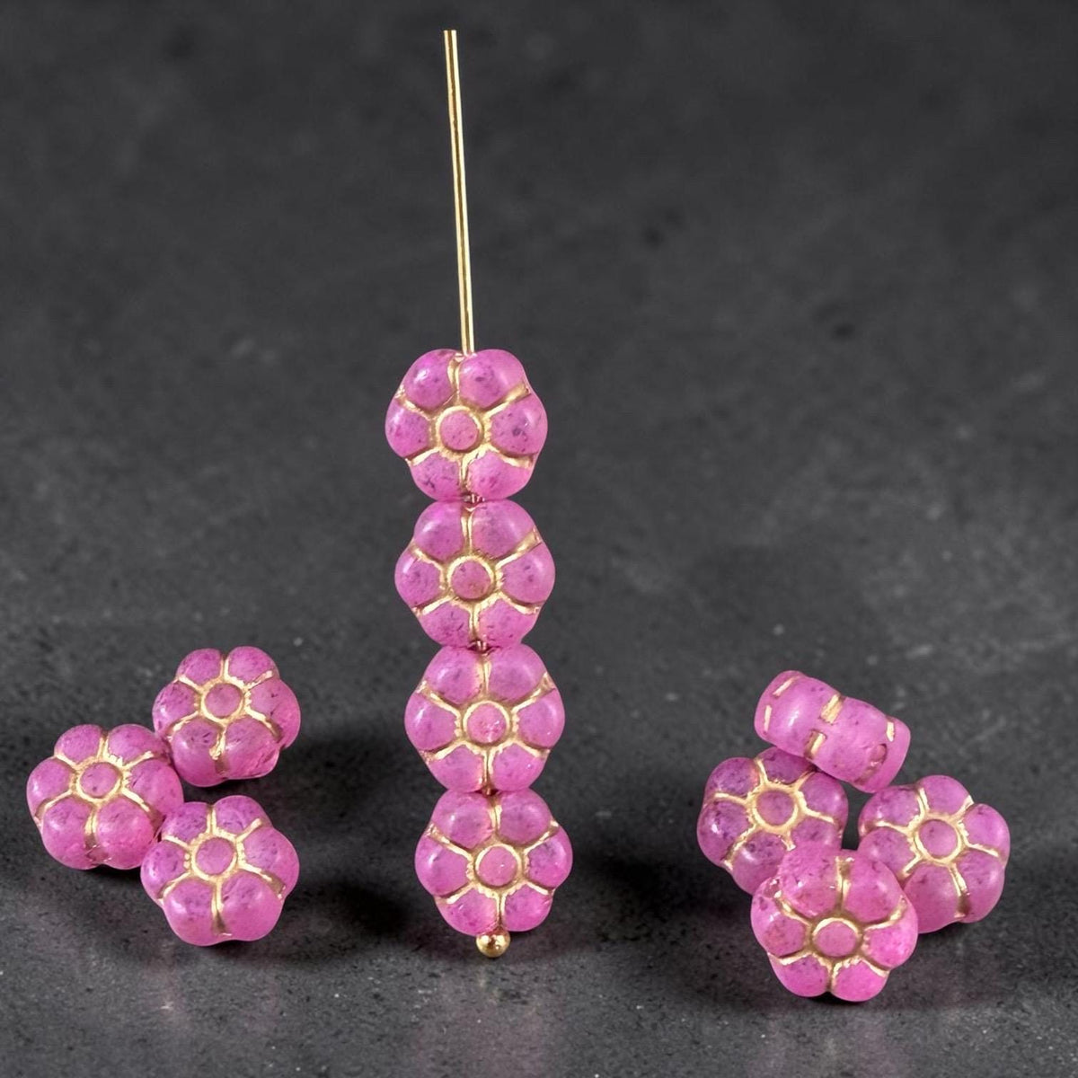 Czech Glass Beads - 8.5mm Bright Pink Flower with Gold Wash (PTB2) * Qty. 16