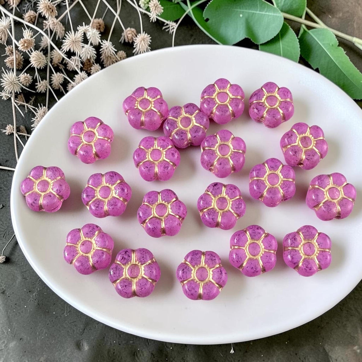 Czech Glass Beads - 8.5mm Bright Pink Flower with Gold Wash (PTB2) * Qty. 16
