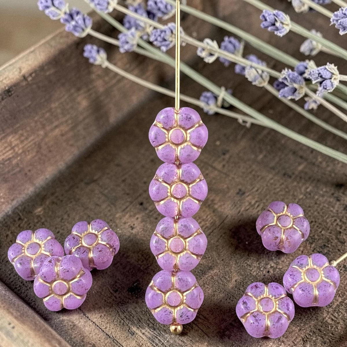 Czech Glass Beads - 8.5mm Light Purple Flower with Gold Wash (PTB4) * Qty. 16