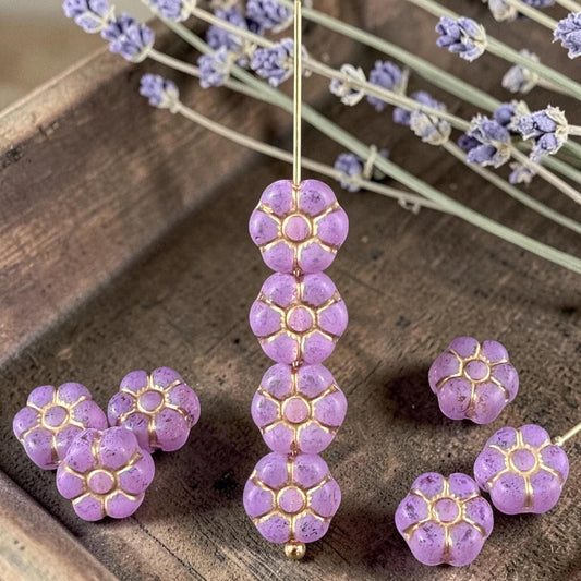Czech Glass Beads - 8.5mm Light Purple Flower with Gold Wash (PTB4) * Qty. 16