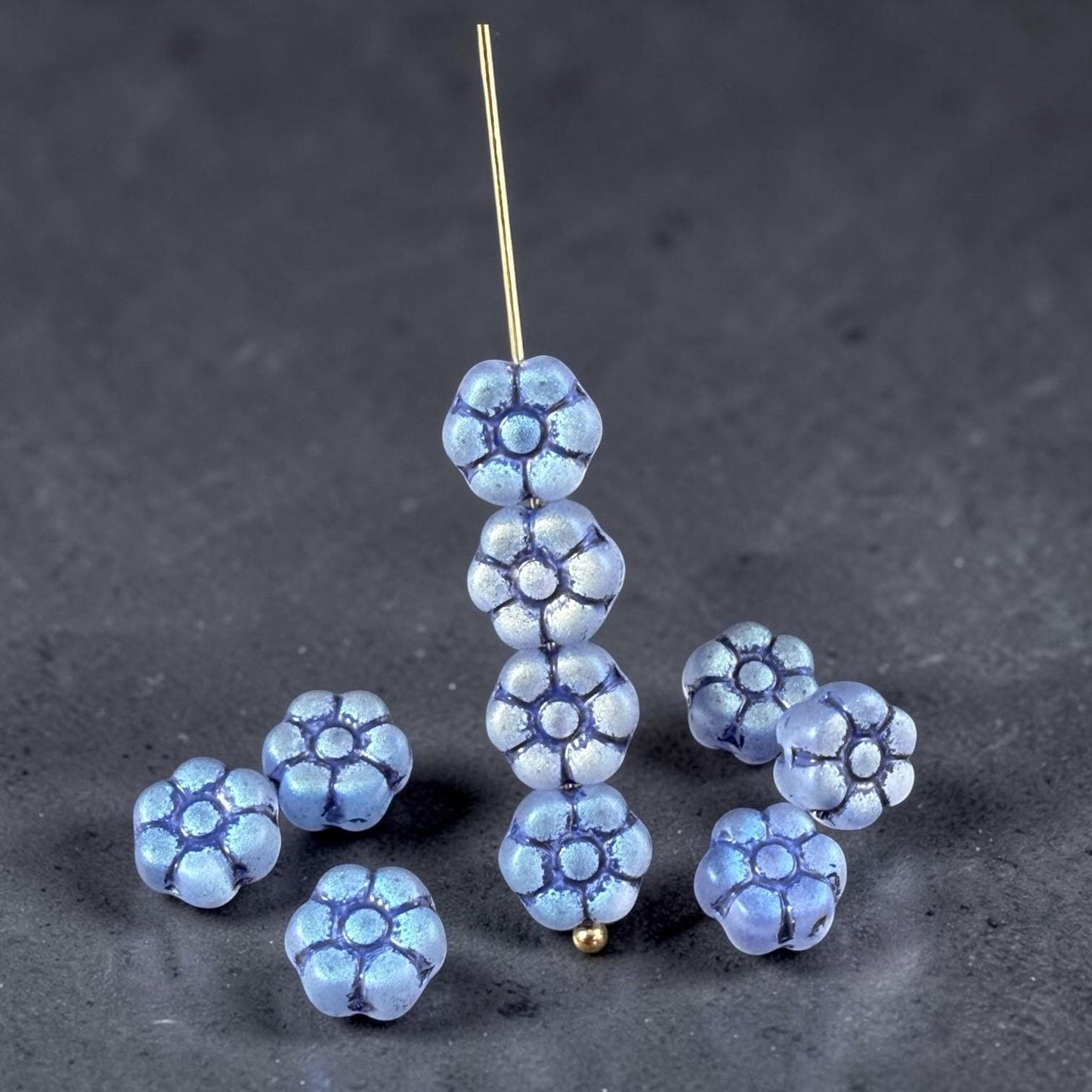 Czech Glass Beads - 8.5mm Sapphire Blue Flower with AB and Navy Blue Wash (PTB5) * Qty. 16