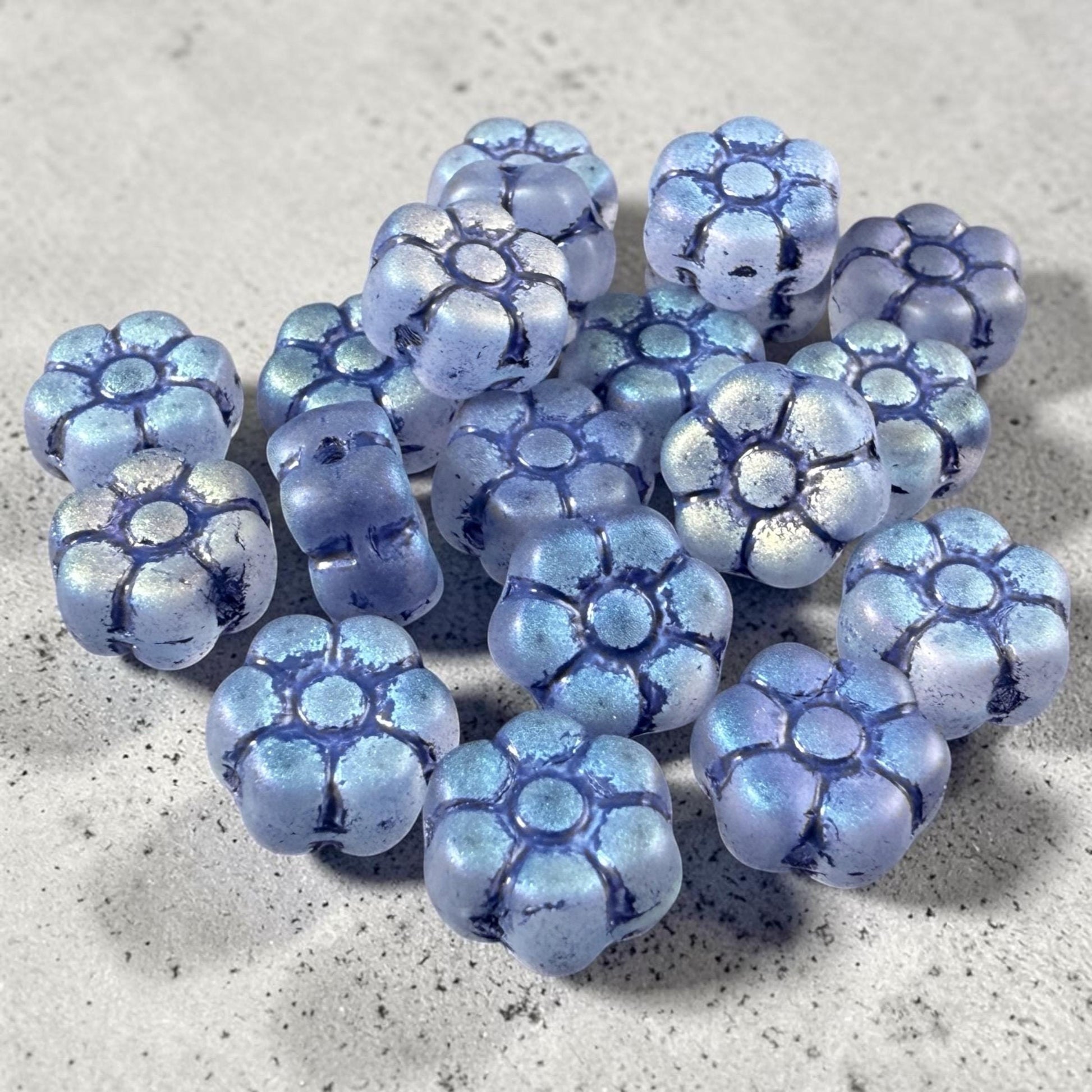 Czech Glass Beads - 8.5mm Sapphire Blue Flower with AB and Navy Blue Wash (PTB5) * Qty. 16