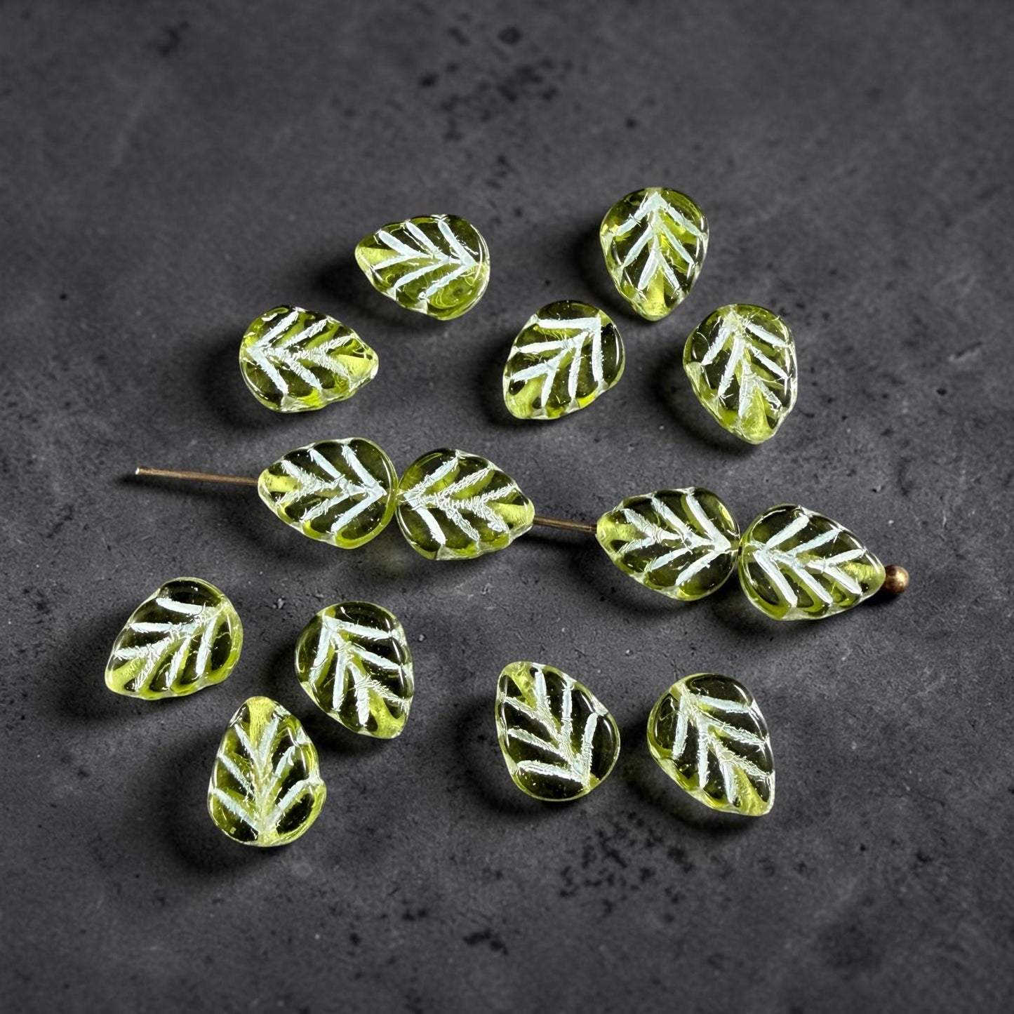 Czech Glass Beads, Transparent Peridot Green 10x8mm Mint Leaf with White Wash (50200/54311) * Qty. 16