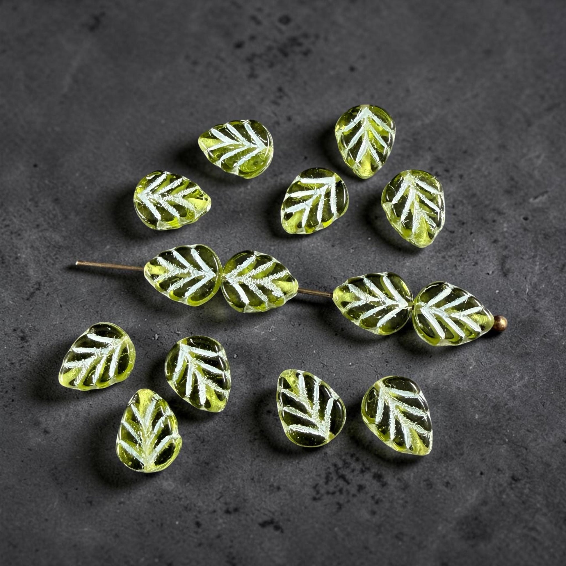 Czech Glass Beads, Transparent Peridot Green 10x8mm Mint Leaf with White Wash (50200/54311) * Qty. 16