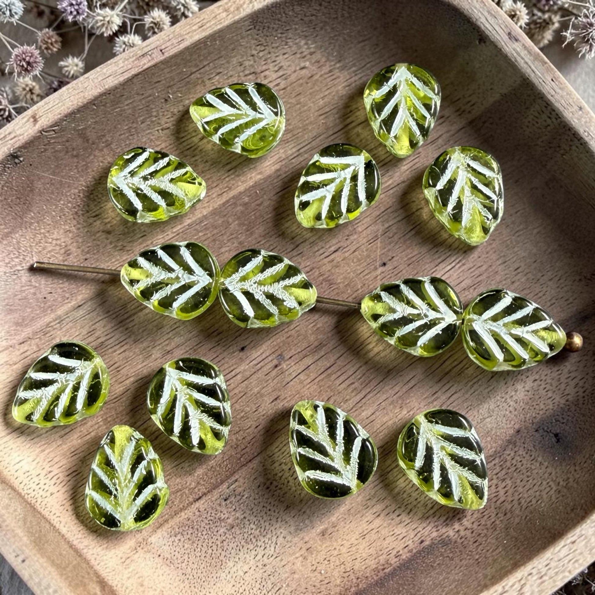 Czech Glass Beads, Transparent Peridot Green 10x8mm Mint Leaf with White Wash (50200/54311) * Qty. 16