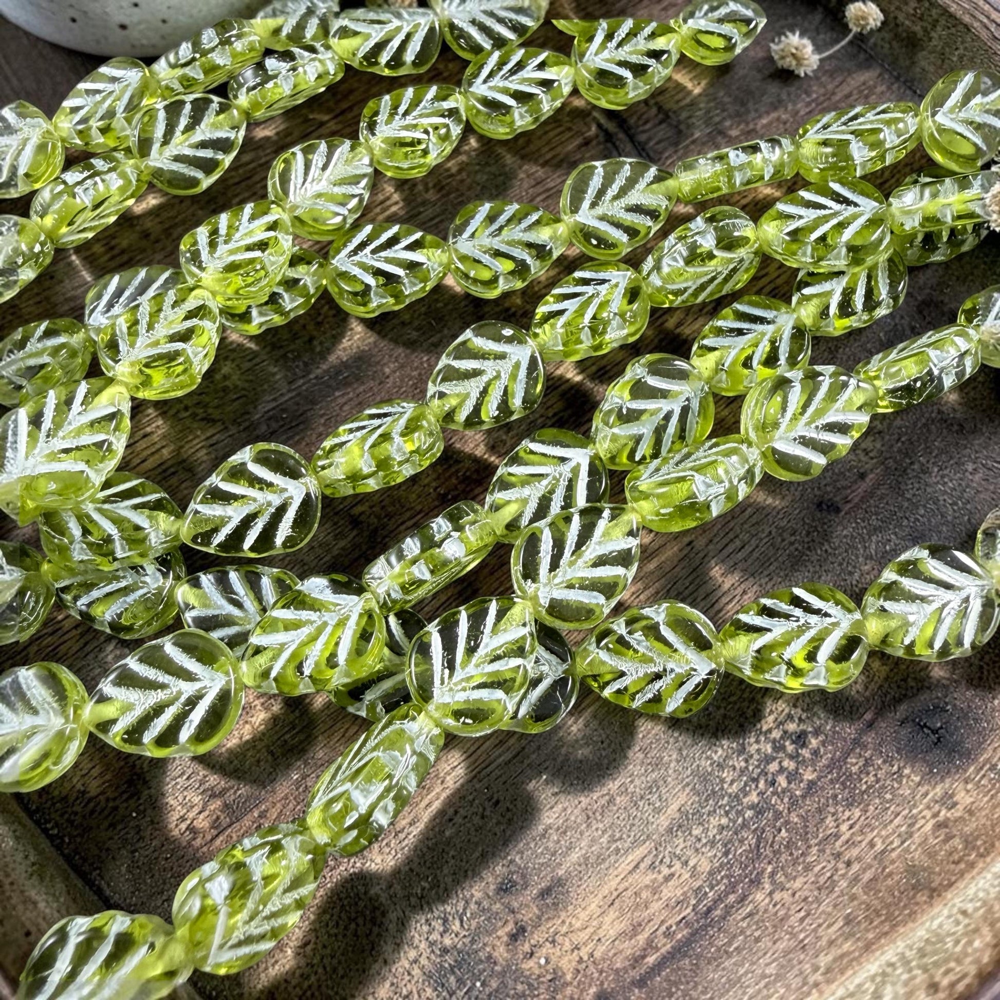 Czech Glass Beads, Transparent Peridot Green 10x8mm Mint Leaf with White Wash (50200/54311) * Qty. 16