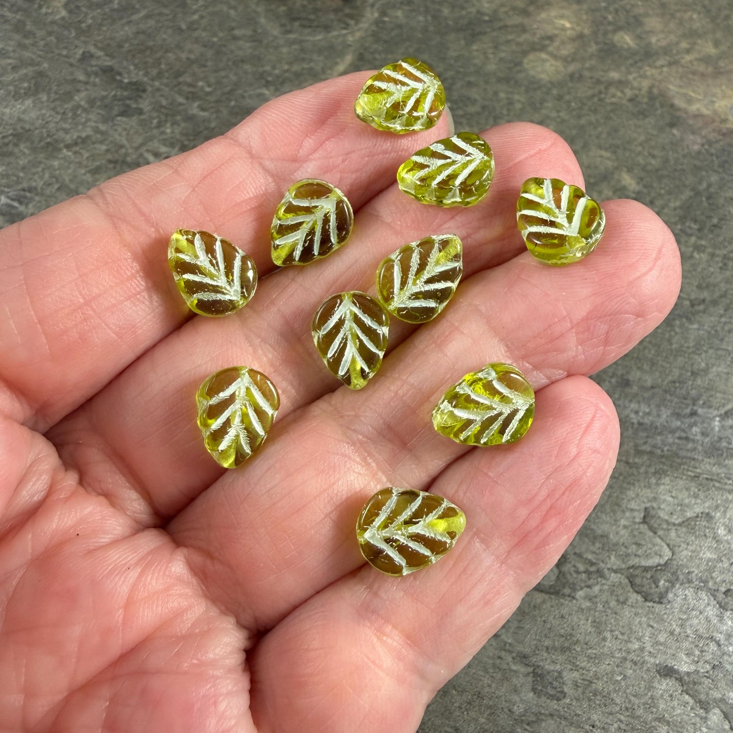 Czech Glass Beads, Transparent Peridot Green 10x8mm Mint Leaf with White Wash (50200/54311) * Qty. 16