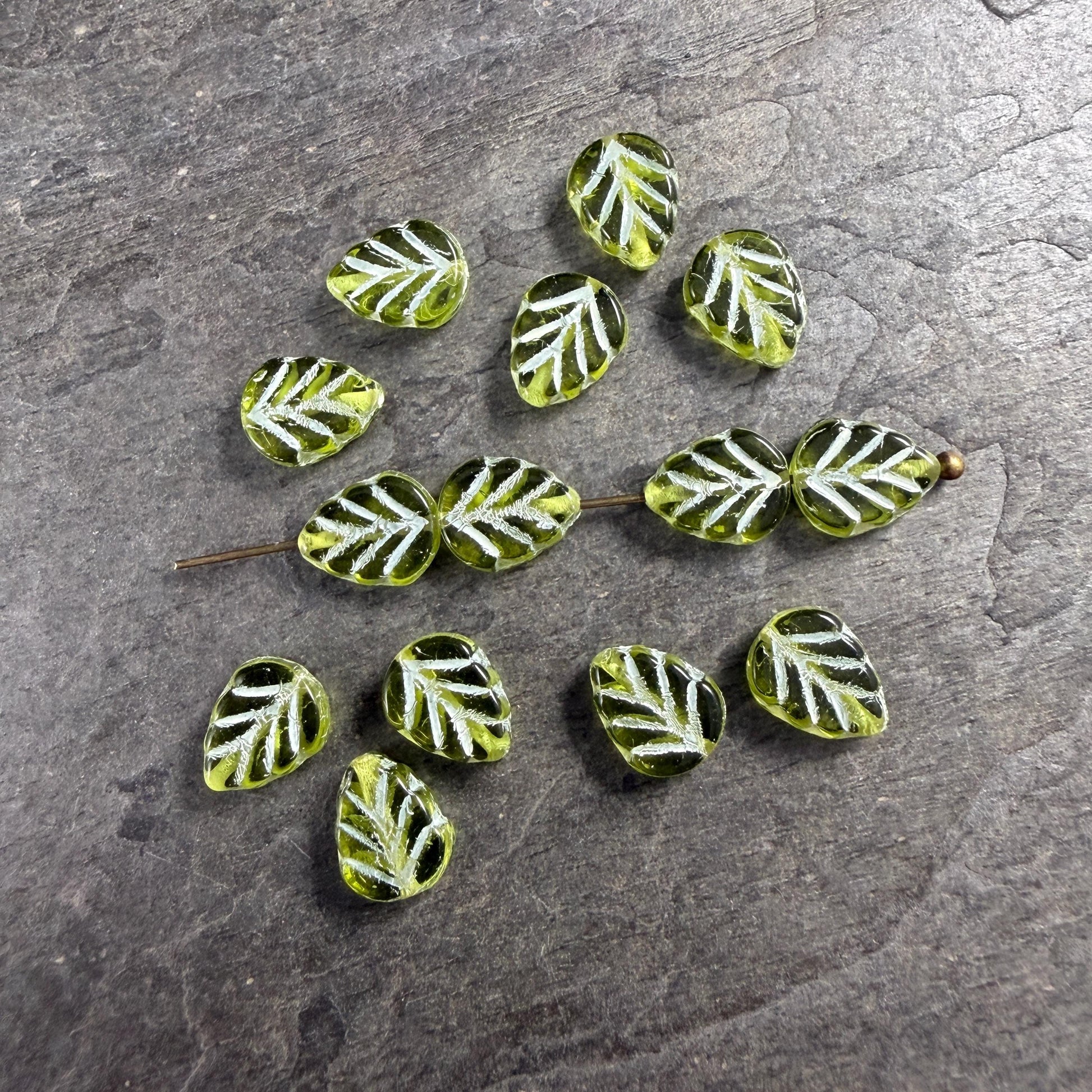 Czech Glass Beads, Transparent Peridot Green 10x8mm Mint Leaf with White Wash (50200/54311) * Qty. 16