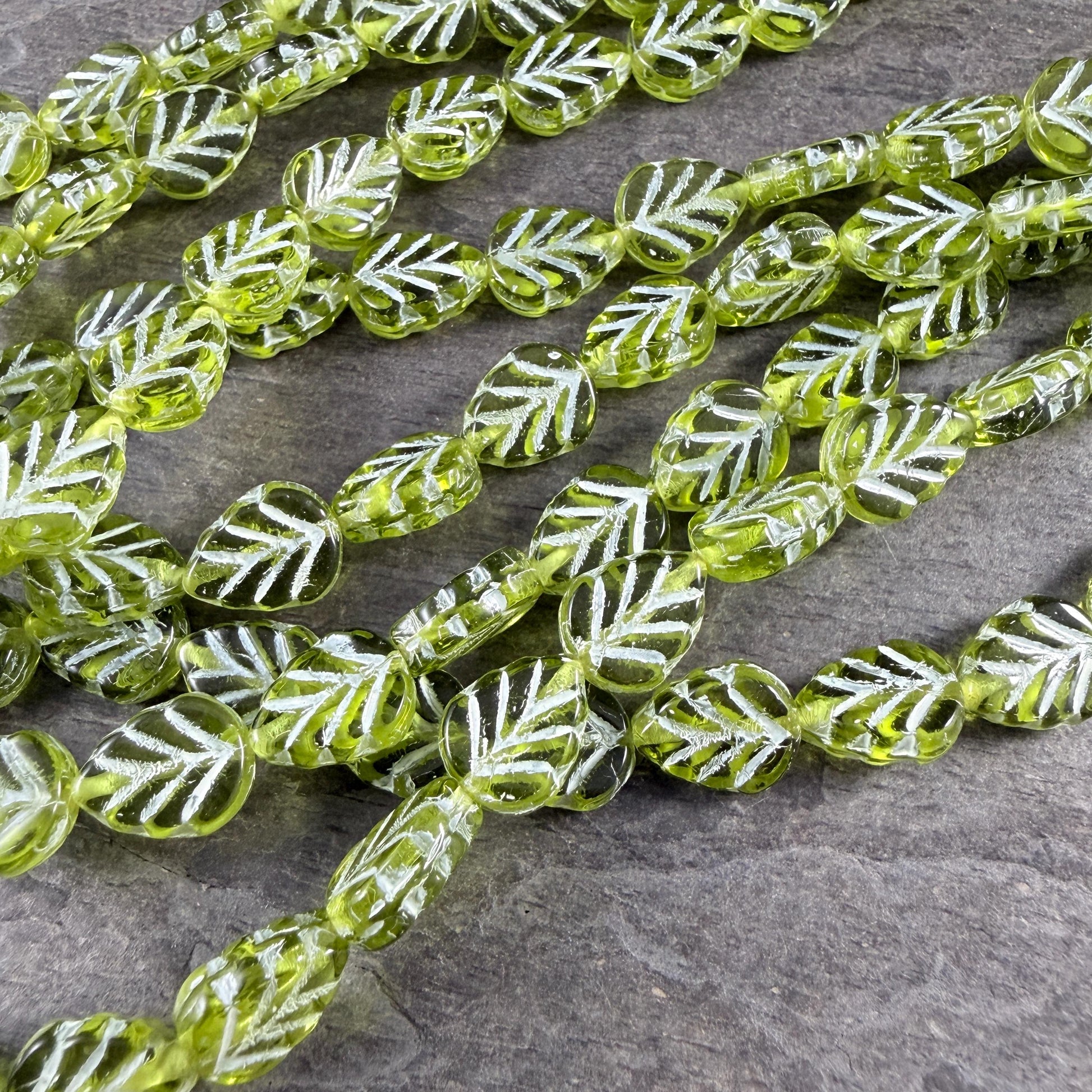 Czech Glass Beads, Transparent Peridot Green 10x8mm Mint Leaf with White Wash (50200/54311) * Qty. 16