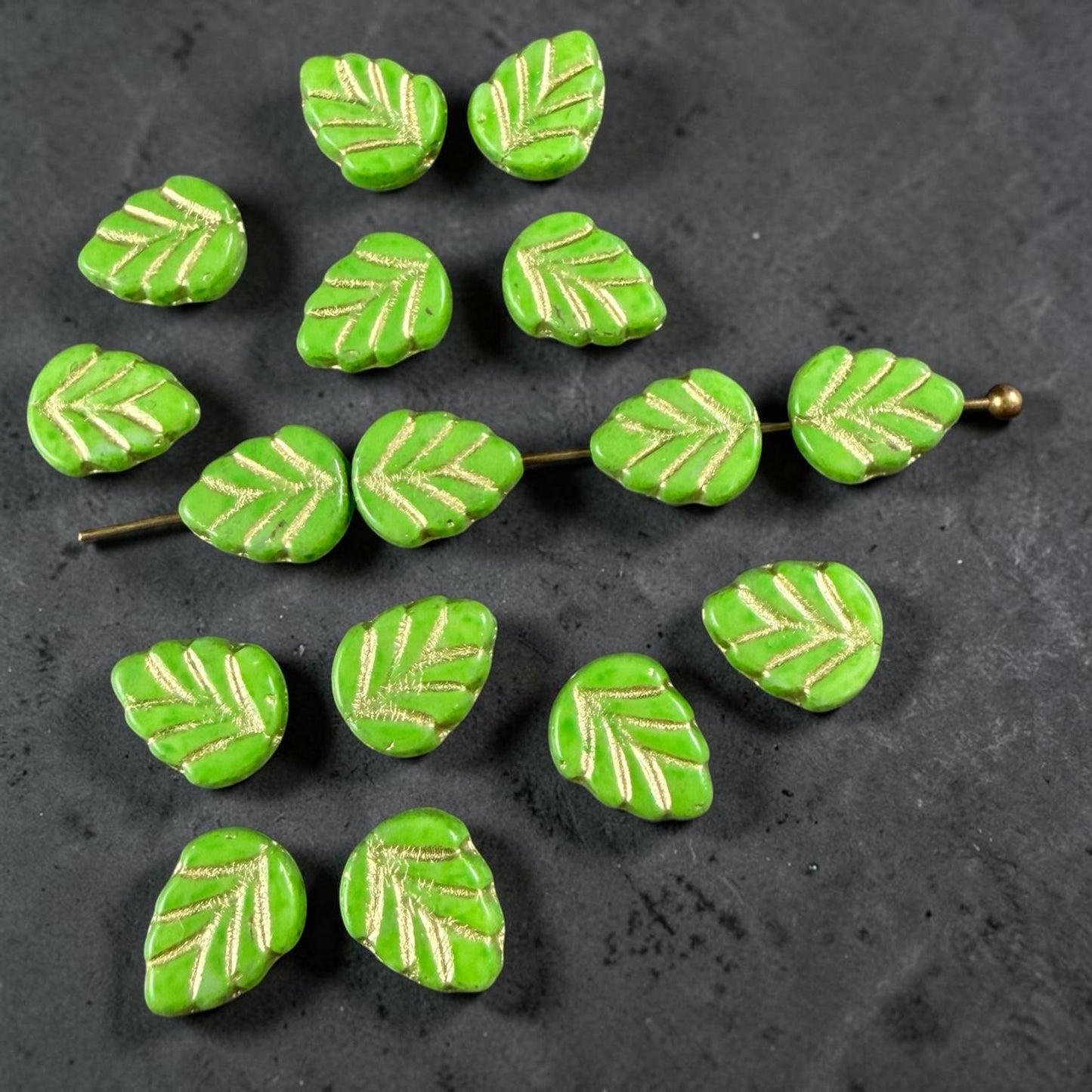Czech Glass Beads, Lime Green 10x8mm Mint Leaf with Gold Wash (33311/54202) * Qty. 16