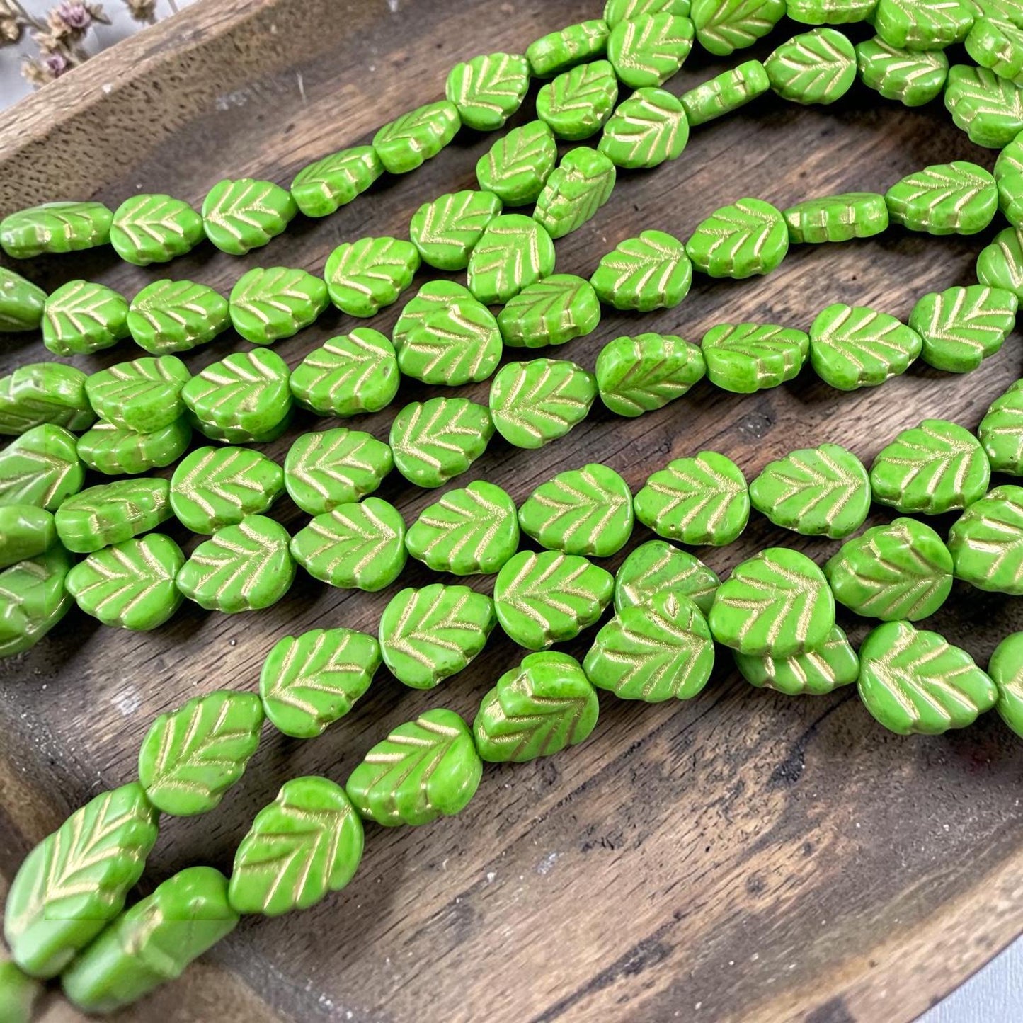 Czech Glass Beads, Lime Green 10x8mm Mint Leaf with Gold Wash (33311/54202) * Qty. 16