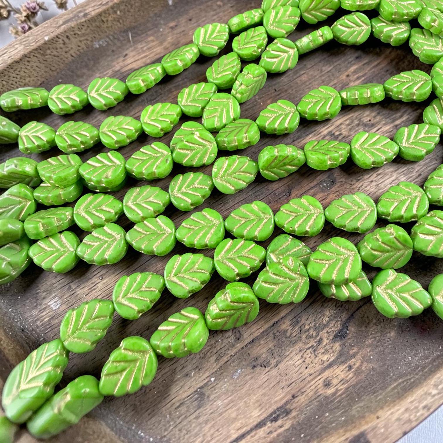 Czech Glass Beads, Lime Green 10x8mm Mint Leaf with Gold Wash (33311/54202) * Qty. 16