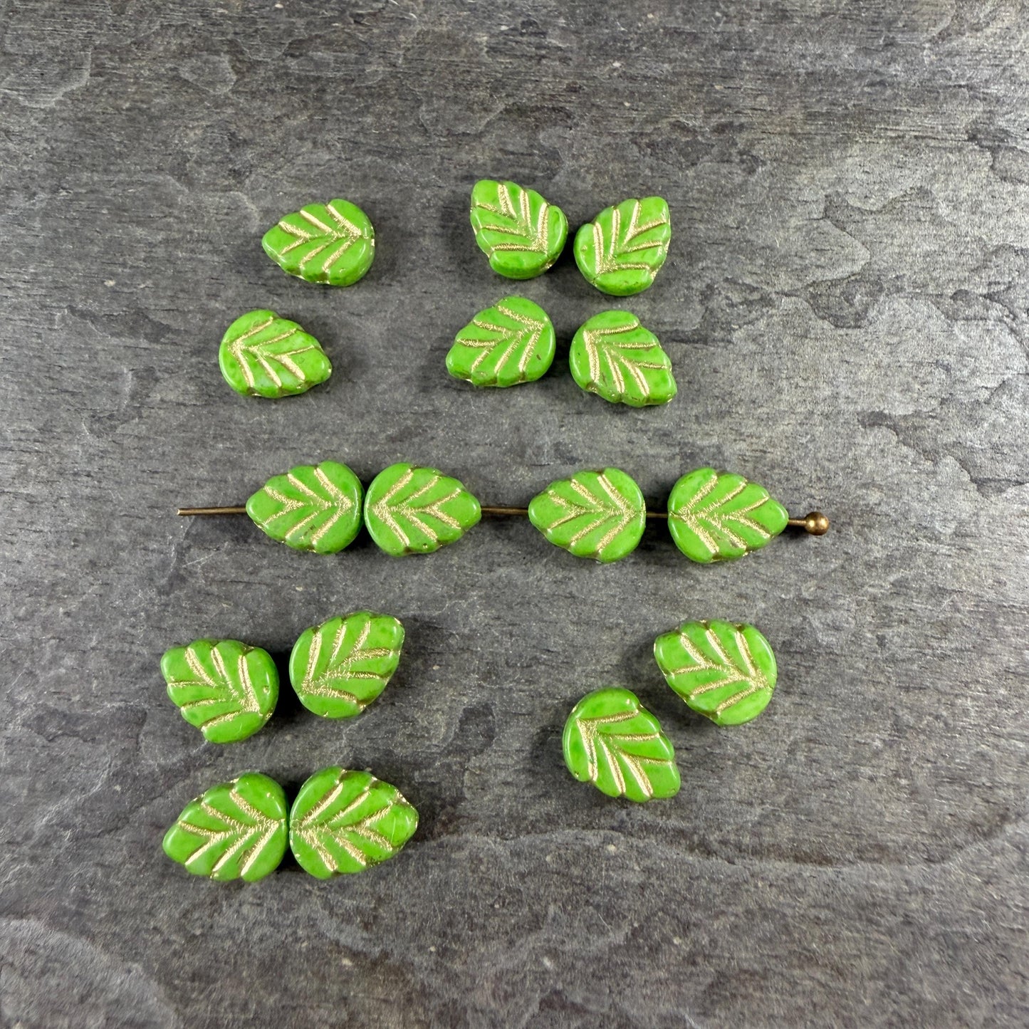 Czech Glass Beads, Lime Green 10x8mm Mint Leaf with Gold Wash (33311/54202) * Qty. 16